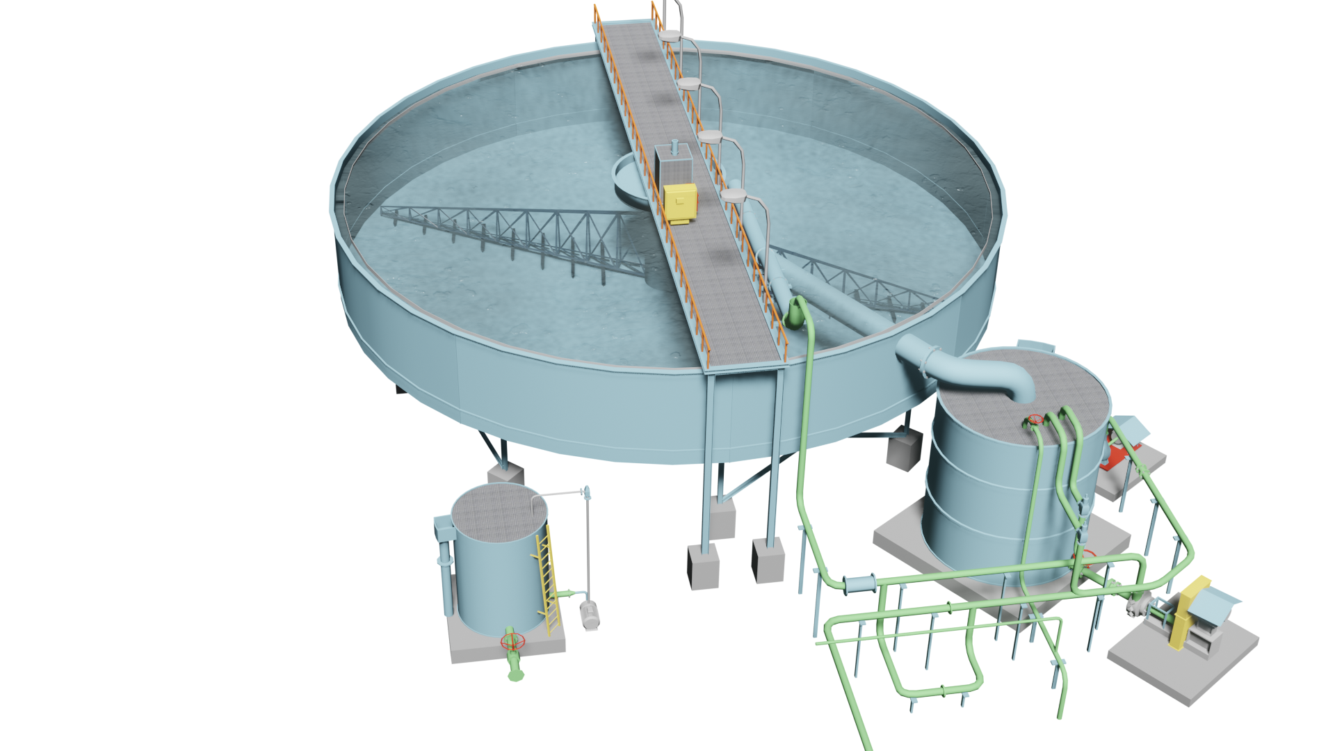 Na zdjęciu widoczny jest kolorowy model zagęszczacza promieniowego Dorra. Zagęszczacz promieniowy Dorra jest to  osadnik grawitacyjny typu wylewowego z mechanicznym odbiorem zagęszczonego osadu czyli wylewu. Umożliwia zagęszczanie. Urządzenie ma kształt dużego, kołowego, płaskiego zbiornika. Nadawa dostarczana jest do jego punktu centralnego. W punkcie tym osad z nadawy spychany jest przy użyciu wolno obracających się promieniowych zgarniaków w stronę wylotu zbiornika. Wylot znajduje się w środku lekko nachylonego dna zbiornika. Sklarowana woda spływa zaś w kierunku obrzeża zbiornika. Lej wylewowy stanowi dolny, również centralnie usytuowany otwór, którym dzięki działaniu pompy mułowej odbierane są zagęszczone ziarna. Stamtąd przetłaczane są do dalszych procesów przeróbczych. Nad zbiornikiem głównym zagęszczacza zamontowany jest pomost ograniczony barierkami. Służy do poruszania się pracowników obsługi urządzenia. Cylinder centralny znajduje się samym środku zagęszczacza. Stanowi go dość niski walcowaty element odpowiadający za doprowadzenie nadawy do zagęszczacza. W objętości zbiornika zamontowana jest również rynna przelewowa wychodząca przez ścianę koryta poza zbiornik. Odprowadza z koryta wodę i kieruje do walcowatego zbiornika przejściowego osadzonego na niewielkiej platformie znajdującej się obok zbiornika głównego. W centralnej części w osi koryta zamontowane jest ramię odmulnika poprowadzone przez całą średnicę zagęszczacza. Do obracających się powoli ramion zgarniacza umocowane są zgrzebła, zgarniające zagęszczone ziarna do leja wylewowego. Skąd odprowadzane są do rząpia mułowego. Rząpie pompowe to wspomniany zbiornik. W rząpiu gromadzony jest czasowo przelew i zawracany do procesów technologicznych jako mechanicznie oczyszczona woda obiegowa.