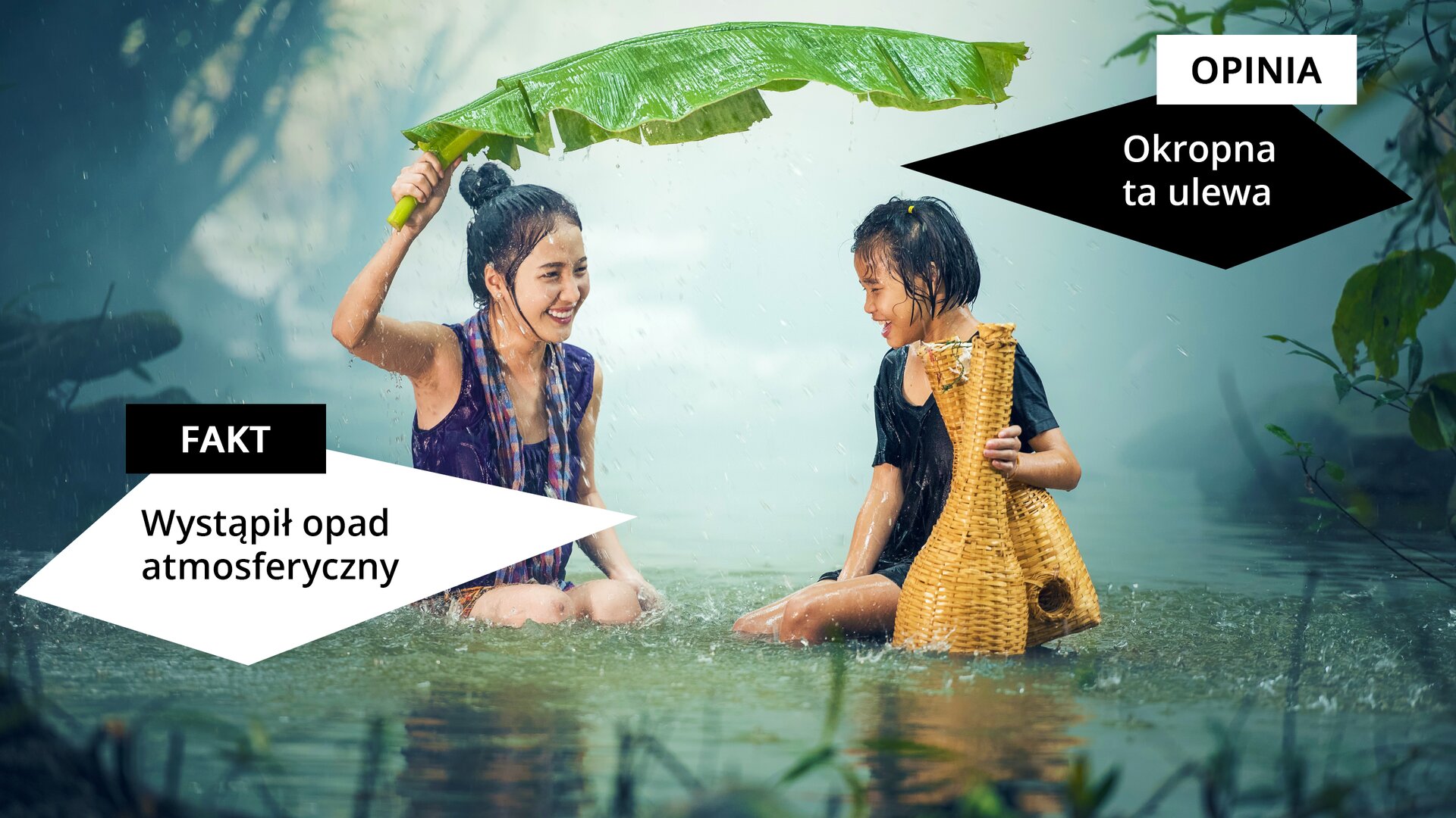 Zdjęcie przedstawiające dwie kobiety siedzące w kałuży, podczas opadów deszczu. Po lewej stronie widzimy kobietę w niebieskiej bluzce bez rękawów z mokrymi włosami, która trzyma nad głową wielki zielony liść. Poniżej znajduje się czworobok z napisem „FAKT: Wystąpił opad atmosferyczny”. Po prawej stronie w górnej części ilustracji znajduje się czworobok z napisem: „OPINIA: Okropna ta ulewa”. Poniżej widzimy kobietę z mokrymi włosami w czarnej mokrej bluzce, trzymającą w rękach dwa wiklinowe pojemniki.