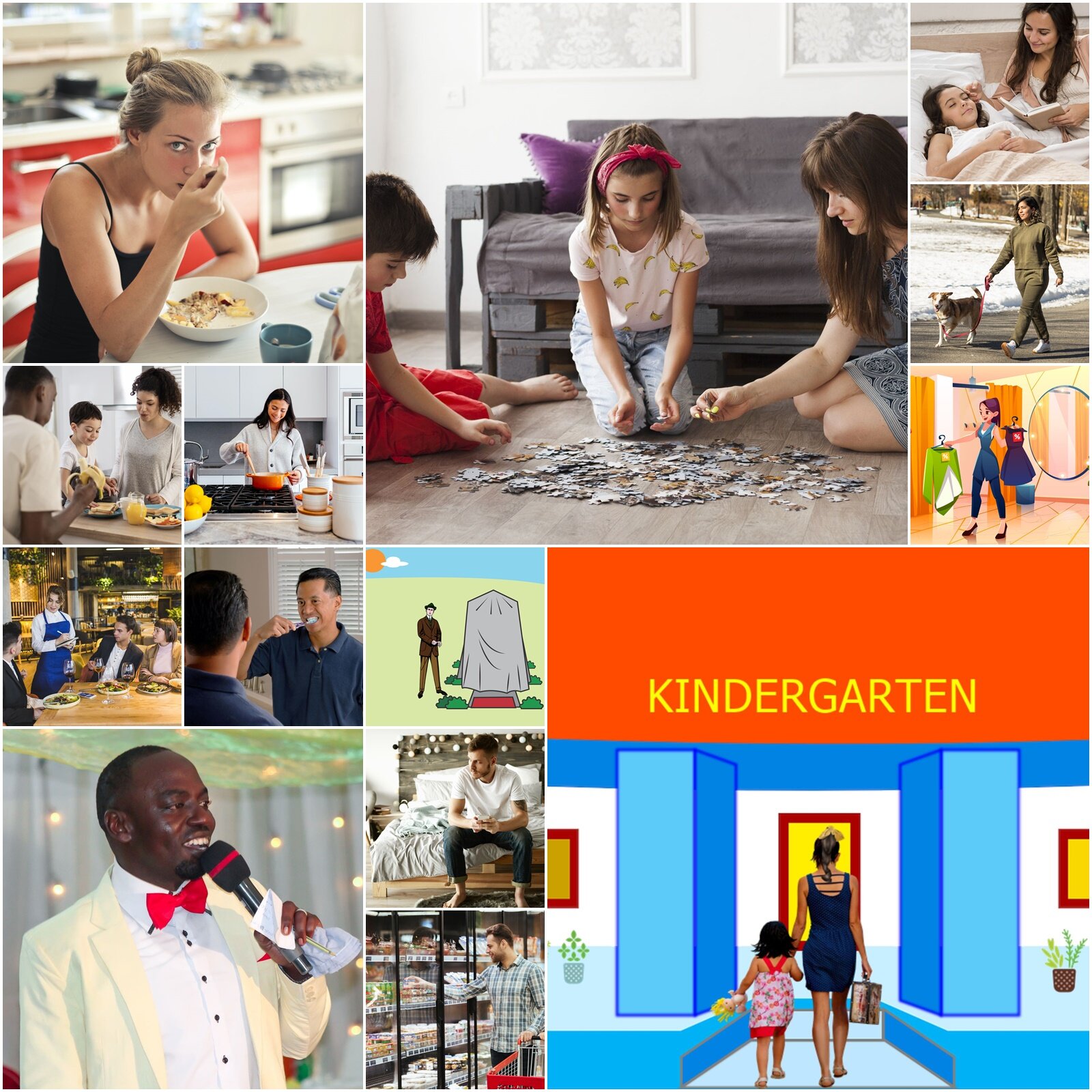 Grafika składa się z kilkunastu zdjęć przedstawiających ludzi wykonujących codzienne czynności takie jak: Gotowanie posiłku, jedzenie przy stole, układanie puzzli, robienie zakupów, składanie zamówienia w restauracji. Widoczne są tez osoby robiące zakupy, odprowadzające dzieci do na urodziny, wychodzące z psem na spacer i myjące zęby. Widoczny jest też mężczyzna śpiewający do mikrofonu oraz kobieta czytająca książkę na dobranoc dziecku. 