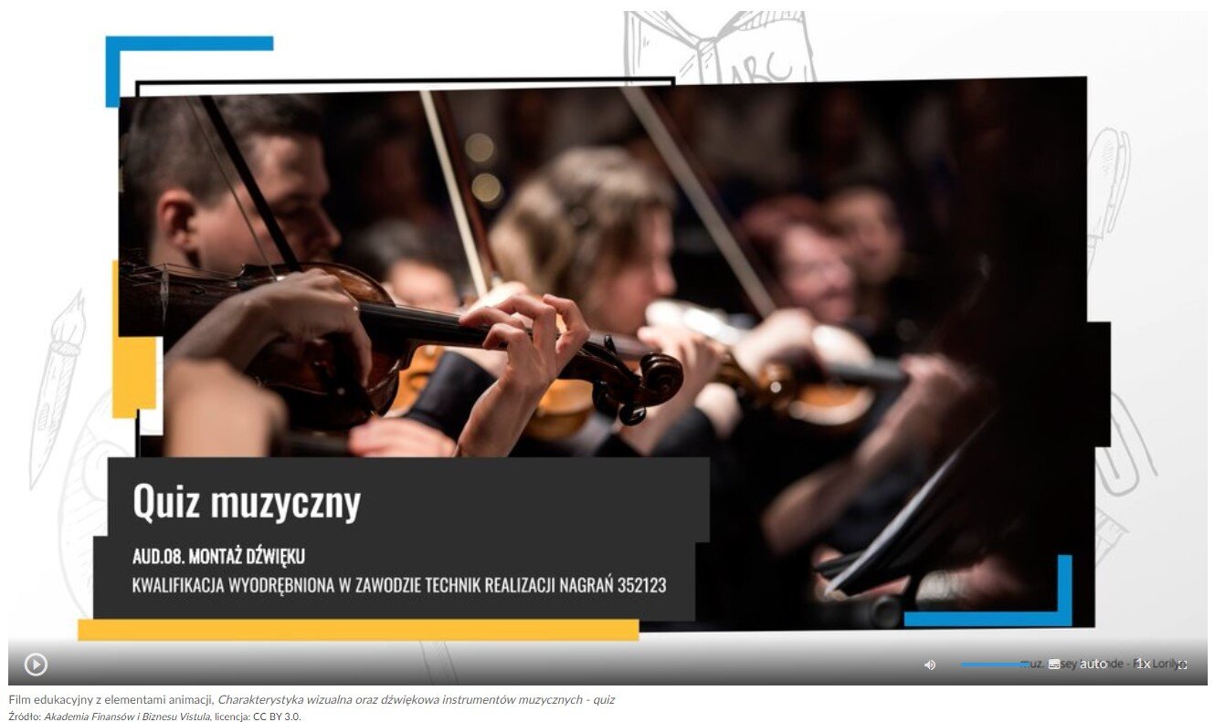 Grafika przedstawia widok ujęcia początkowego filmu edukacyjnego. Na grafice widać pasek sterowania filmem, który zawiera przycisk startu filmu, suwak głośności filmu, przycisk włączenia napisów, przycisk wyboru jakości odtwarzanego filmu, przycisk wyboru prędkości odtwarzania filmu oraz przycisk włączenia pełnego ekranu. W centralnej części widoczne jest zdjęcie przedstawiające muzyków grających na skrzypcach.