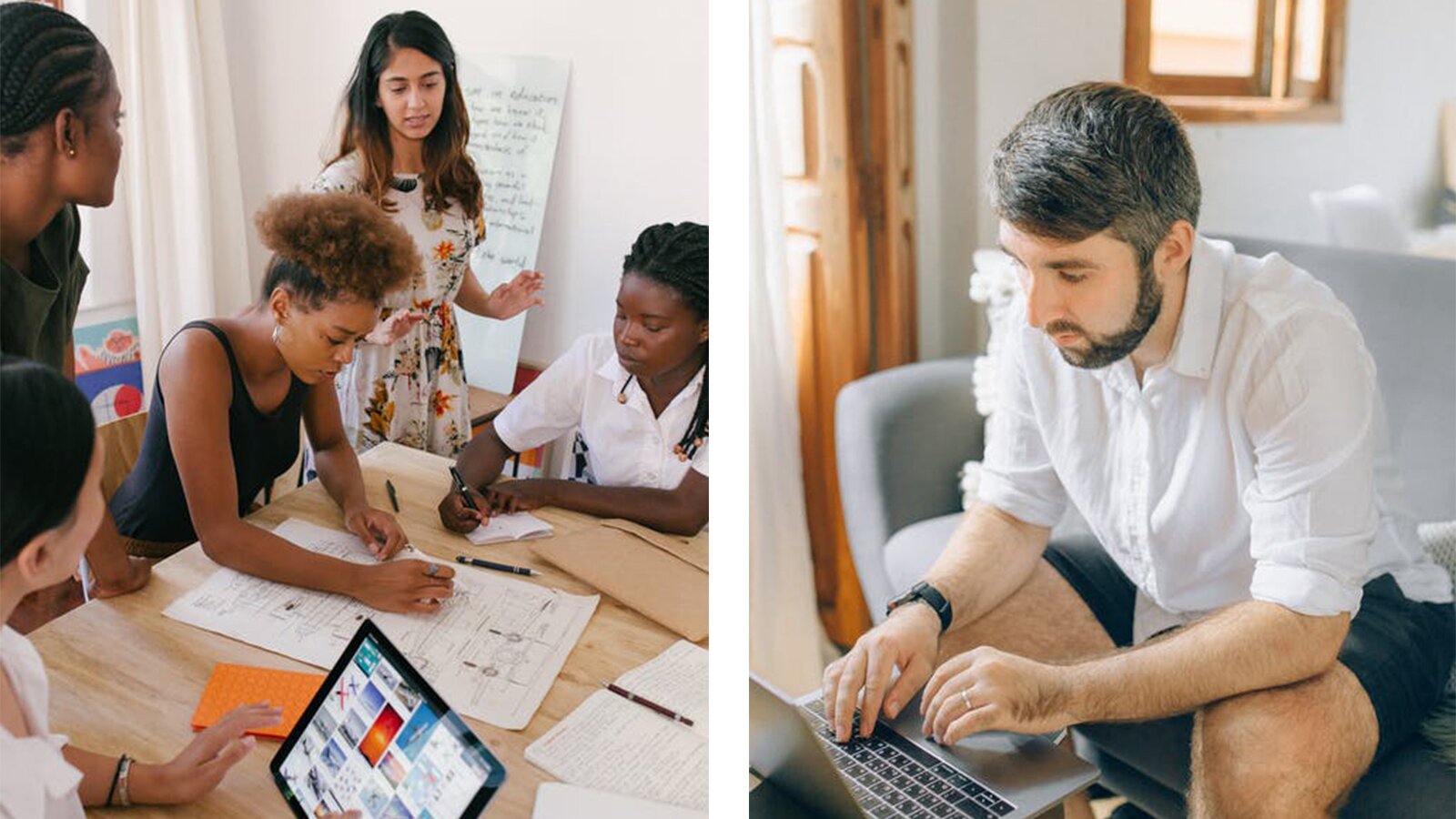 Ilustracja składa się z dwóch zdjęć. Zdjęcie po lewej stronie przedstawia 
pięć młodych kobiet pracujących w biurze. Kobiety stoją oraz siedzą przy dużym jasnodrewnianym blacie, na którym widoczne są duże arkusze papieru. Jedna z kobiet rysuje coś na arkuszu, inna robi notatki, a kolejna trzyma tablet. Na zdjęciu po prawej stronie widoczny jest mężczyzna, który siedzi na szarym fotelu i pracuje na laptopie stojącym na niskimi stoliku. Jego ręce spoczywają na klawiaturze i myszce laptopa.