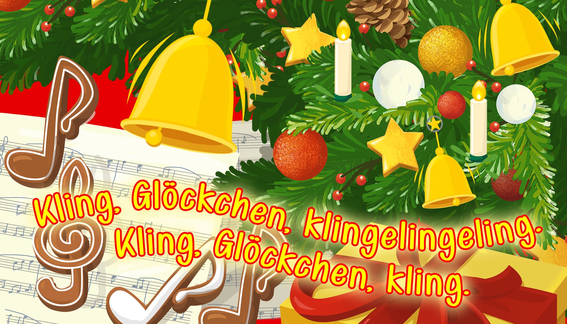 Ilustracja przedstawia kartkę świąteczną z choinkową gałązkę ozdobioną bombkami, dzwonkami, lampkami, gwiazdkami, dzwoneczkami. Na kartce świątecznej przedstawione są też nuty, klucz wiolinowy oraz napis w języku niemieckim: Kling, Glőckchen, klingelingeling. Kling, Glőckchen, kling.
