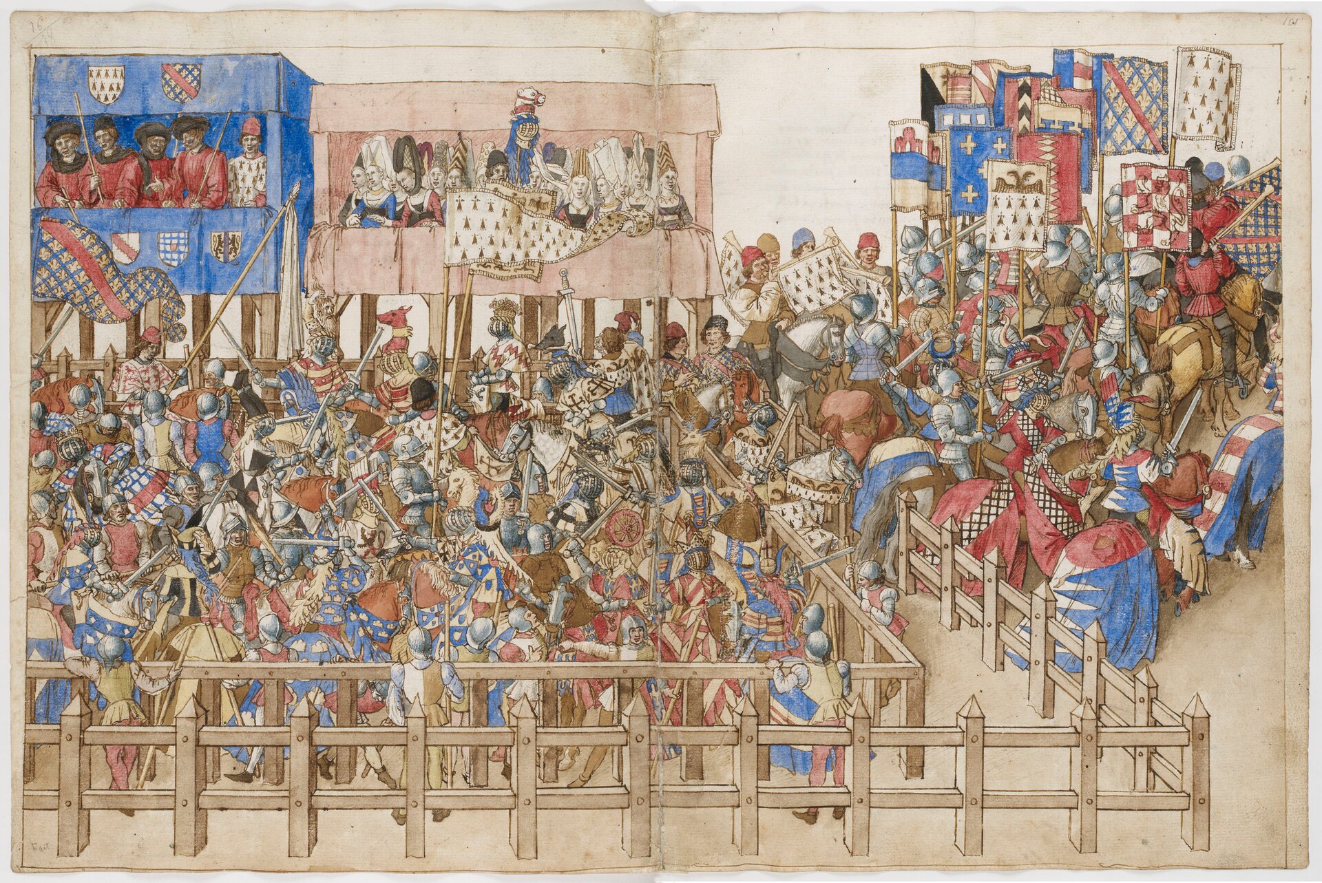 Ilustracja przedstawia dzieło René d'Anjou, Barthélemy d'Eyck „Traktat o formach i przepisach turniejowych”. Na ilustracji ukazany jest jeden z ważniejszych momentów podczas turnieju rycerskiego – składanie przyrzeczenia przez rycerstwo. W górnej części umieszczona została loża dla wysoko urodzonych, z lewej - loża obita niebieskim suknem i ozdobiona herbami, w której zasiadają postaci jednakowo ubrane w różowe stroje i czarne kapelusze. Wśród nich znajduje się także organizator turnieju. W loży obok artysta ukazał eleganckie kobiety w wysokich nakryciach głowy oraz z biżuterią ozdabiającą dekolty. Pod lożą widoczni są rycerze bretońscy, którzy złożywszy przyrzeczenie przygotowują się do opuszczenia placu. Z prawej strony nadjeżdża orszak rycerzy.