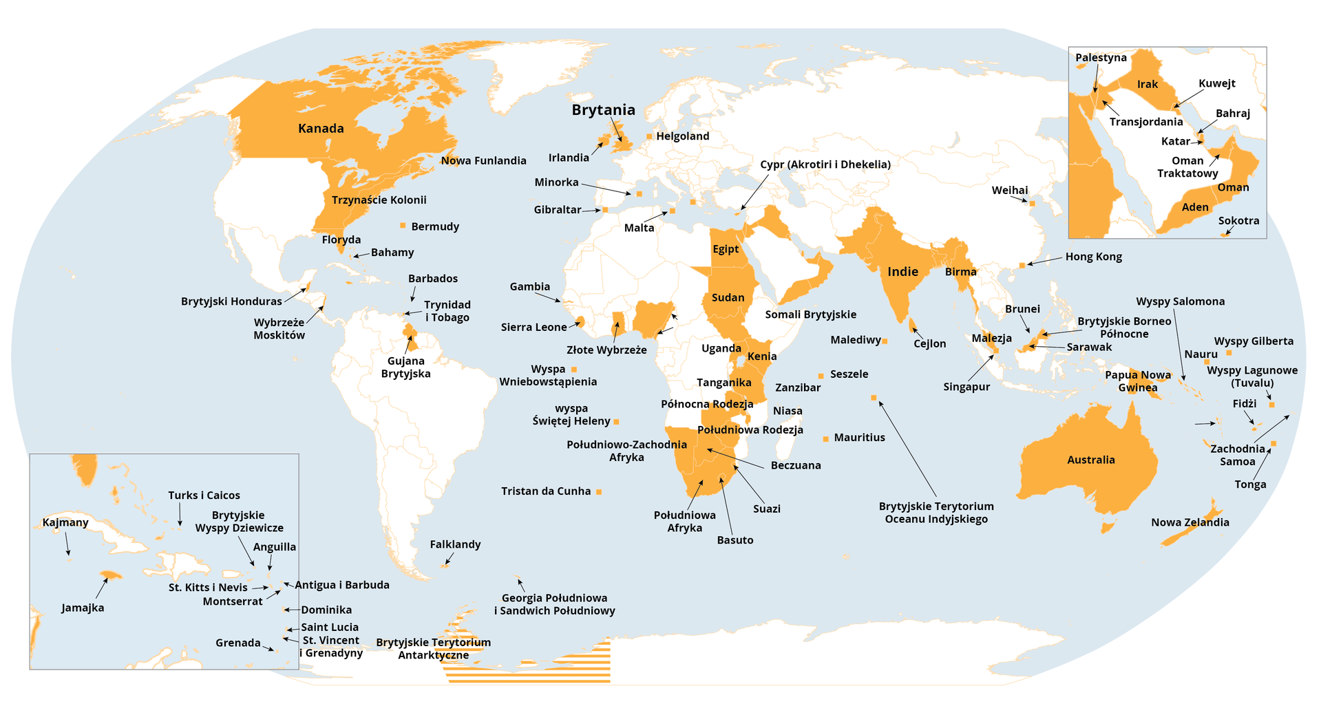 Mapa świata prezentująca brytyjskie  kolonie, protektoraty i dominia. W Ameryce Północnej: Kanadę , 13 kolonii na wschodnim wybrzeżu, Florydę, Bermudy, Brytyjski Honduras, Wybrzeże Moskitów. W Ameryce Południowej: Trinidad i Tobago, Gujanę Brytyjską. W Afryce: Egipt, Sudan, Sierra Leone, Złote Wybrzeże, Ugandę, Kenię, Tanganikę, Północną Rodezję, Południową Rodezję, Południowo-Zachodnią Afrykę, Beczuanę, Suezi, Południową Afrykę, Basuto. W Azji: Indie, Birmę, Hong Kong. Australię, Papuę i Nową Gwineę, Nową Zelandię.
