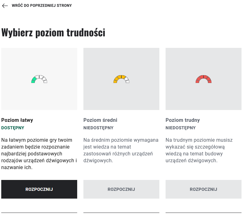 Okno wyboru poziomu trudności gry. W białej ramce znajduje się półkole, zamalowane tylko w jednej trzeciej na kolor zielony, po środku półkole jest zamalowane w dwóch trzecich na kolor pomarańczowy, a po prawej stronie półkole jest zamalowane całe na kolor czerwony. Pod każdym z poziomów znajduje się przycisk z napisem: Rozpocznij. Tylko przycisk pod poziomem łatwym jest aktywny.
