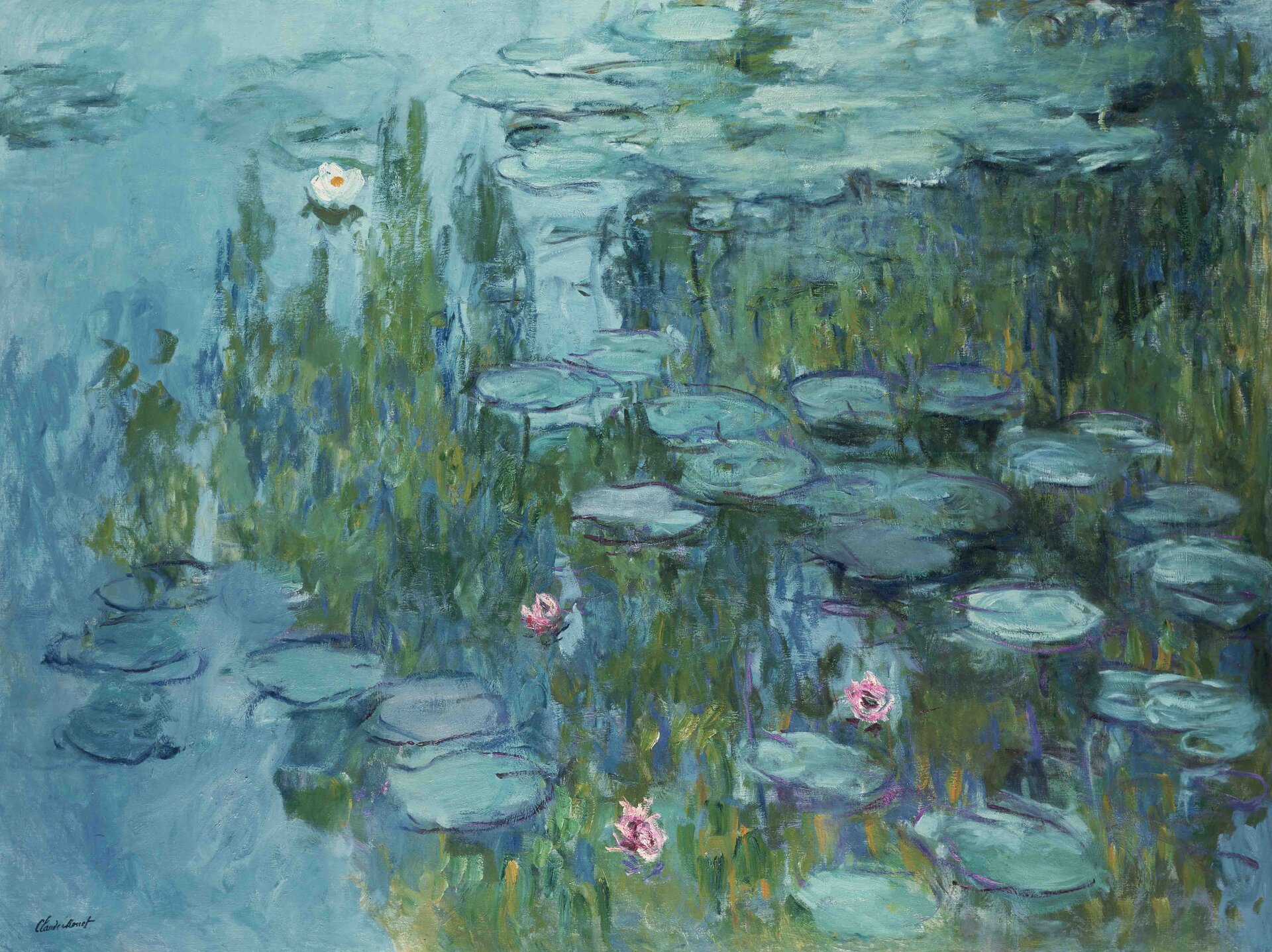 Obraz autorstwa Claude Monet, pod tytułem: „Lilie wodne”. Dzieło przedstawia staw z różowymi i białymi kwiatami lilii wodnych. W tafli wody odbijają się drzewa. 