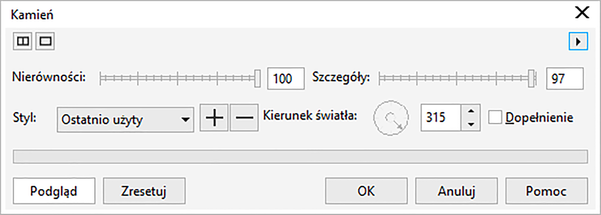 Zdjęcie ekranu przedstawia okno dialogowe: tytuł: Kamień, 2 suwaki: Nierówności (wartość 100), Szczegóły (wartość 97), rozwijane menu Styl: wartość wybrana to "Ostatnio użyty", przycisk + i -, kierunek światła: ikona wskazująca kąt, wartość kąta to 315, okienko do zaznaczenia: Dopełnienie. Na dole okna znajdują się przyciski (od lewej): Podgląd, Zresetuj, OK, Anuluj i Pomoc.