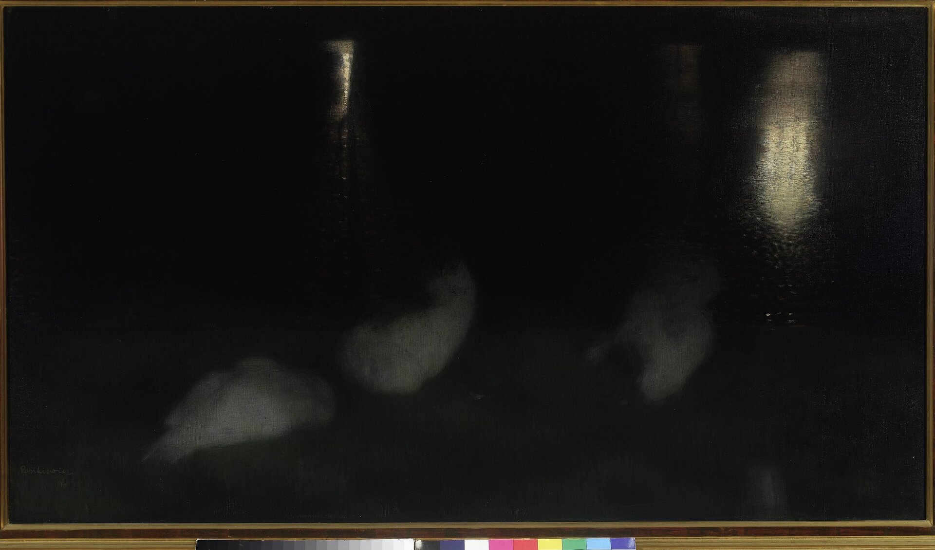 Ilustracja przedstawia obraz Józefa Pankiewicza pt. „Łabędzie w Ogrodzie Saskim nocą (Czarne łabędzie)”. Na obrazie znajdują się białe łabędzie nocą. W wodzie odbija się światło prawdopodobnie latarnii.