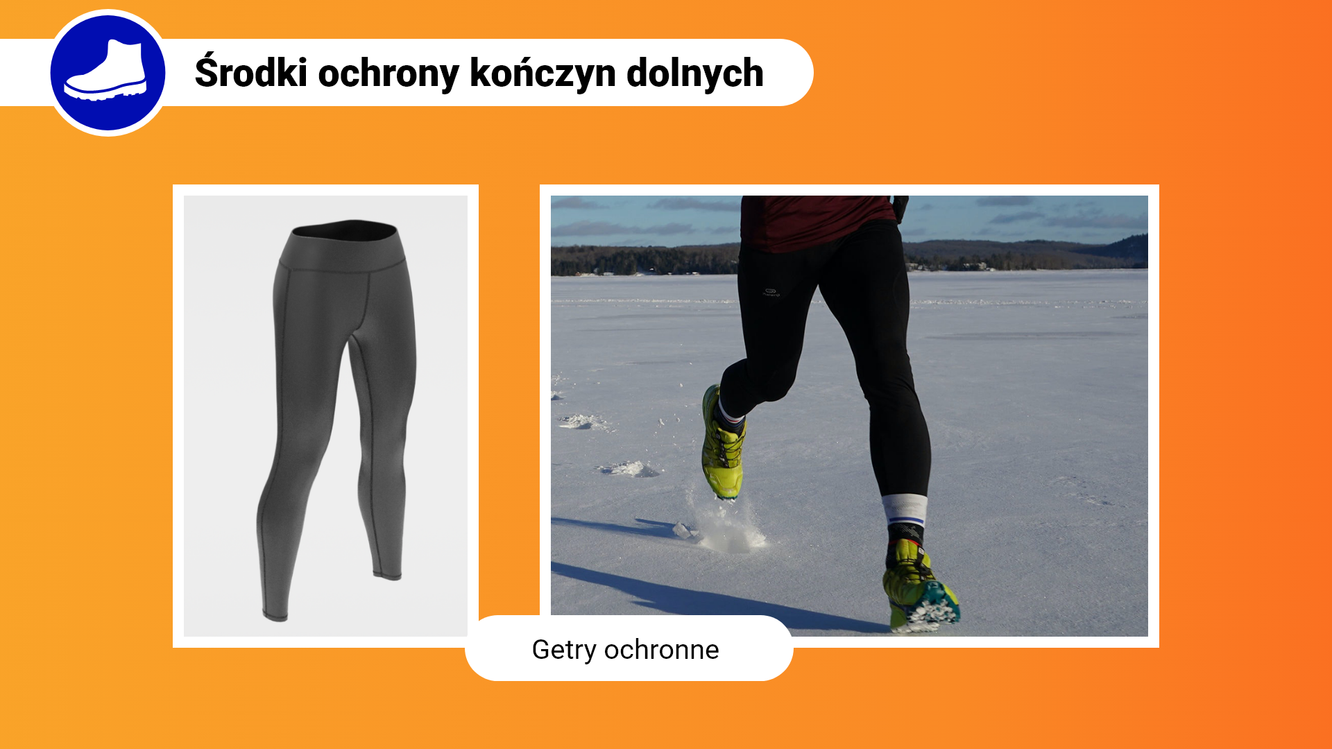 Zdjęcia w ramce z podpisem: getry ochronne. Lewe zdjęcie przedstawia szare getry ochronne. Drugie zdjęcie przedstawia zbliżenie na nogi osoby, która biegnie po ośnieżonym polu. Na nogach ma założone czarne getry, które dopasowują się do kształtu ciała.