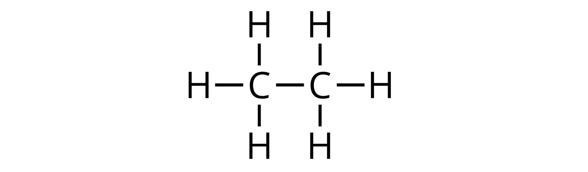 Na ilustracji jest wzór strukturalny etanu: dwa atomy węgla łączą się ze sobą wiązaniem pojedynczym. Każdy atom węgla łączy się z trzema atomami wodoru.  