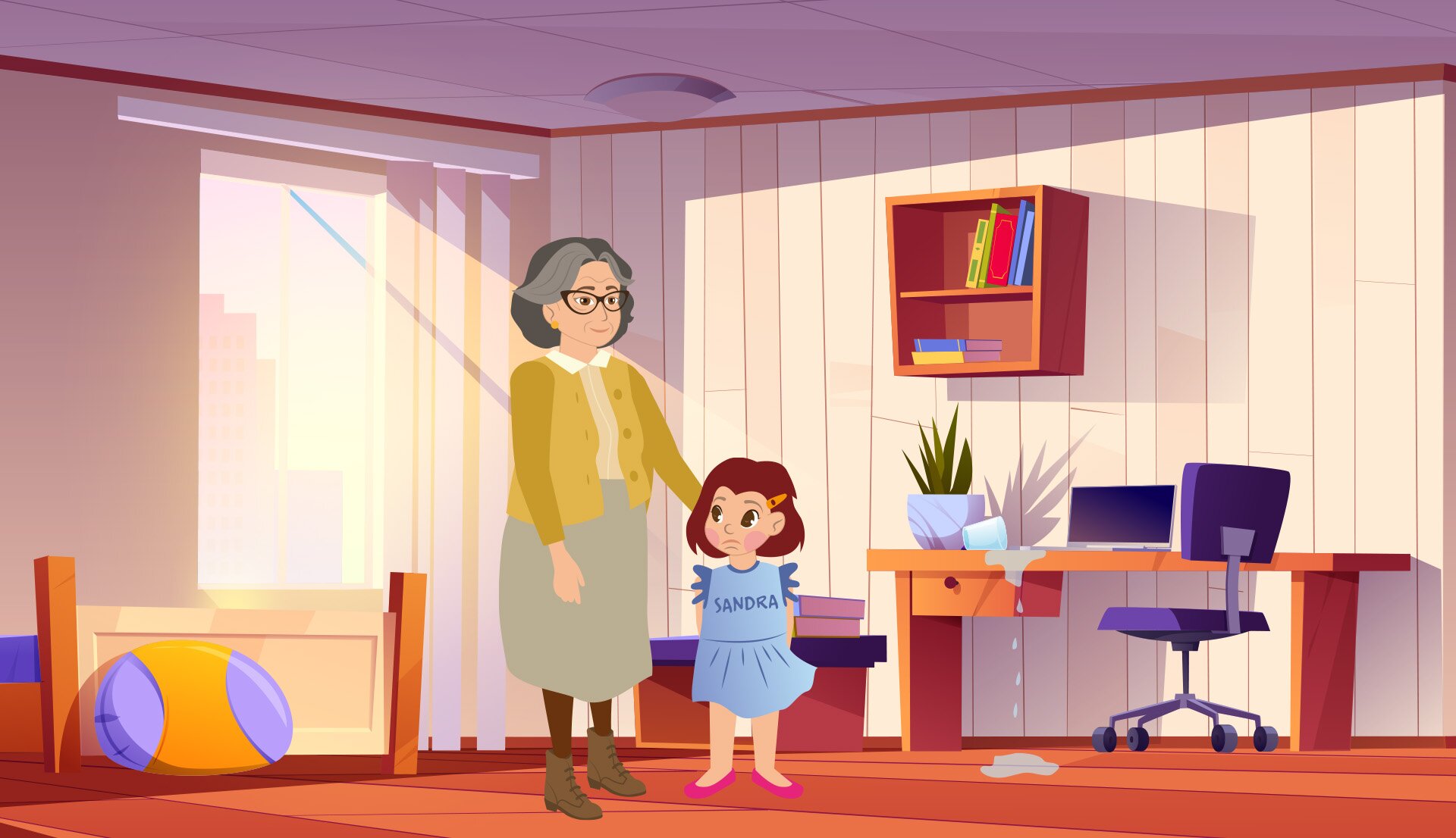 Ilustracja przedstawia pokój, w którym babcia otacza ramieniem małą Sandrę. Sandra ma smutną minę. Dialog znajduje się w transkrypcji poniżej. 