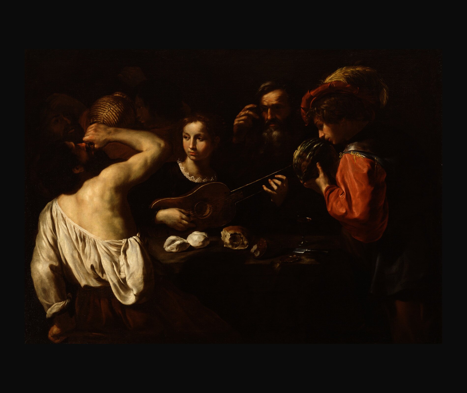 Obraz przedstawia czterech mężczyzn. Odwrócony tyłem do widza mężczyzna pije wino prosto z dużego gąsiora. Stoi przed stołem, na którym leży jedzenie. Przy stole stoi też dwóch muzykantów: jeden z gitarą. Jest też stojący obok stołu starzec ze szkłem powiększającym.  