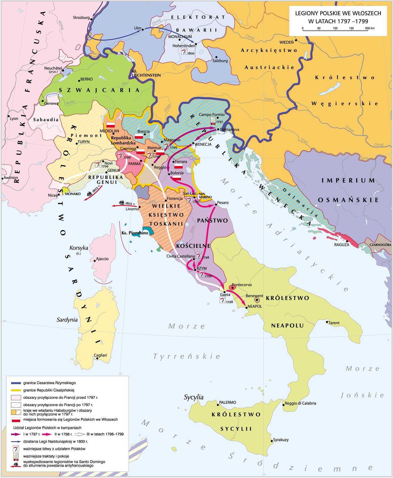 Kliknij, aby powiększyć Mapa na której zaznaczono granice oraz wiadomości dotyczące Legionów Polskich we Włoszech. Na mapie zamieszczone są:
granice cesarstwa rzymskiego; granice republiki cisalpińskiej;
obszary przyłączone do Francji przed 1797; obszary przyłączone do Francji po 1797; kraje we władaniu Habsburgów i obszary do nich przyłączone w 1797; miejsca formowania się Legionów Polskich we Włoszech: Mediolan; Mantua; Cremona; Bolonia; Ferrara; Brescia,
Zaznaczono udział legionów polskich w kampaniach:
I - 1797 r., II - 1798 r., III - w latach 1798 1799; działania Legii Naddunajskiej w 1800 r.;
ważniejsze bitwy z udziałem Polaków:
w Republice Lombardzkiej: Cremona 1799; Mantua 1799; Magnano 1799;
w Państwie Kościelnym: San Leo 1797; Civita Castellana 1798; Rzym 1798; w Królestwie Neapolu: Gaeta 1798; w Republice Genui: Novi 1799; w Elektoracie Bawarii: Hohenlinden 1800;
Zaznaczono ważniejsze traktaty i pokoje: Campo Formio 1797. Zaznaczono wyekspediowanie legionistów na San Domingo do stłumienia powstania antyfrancuskiego.