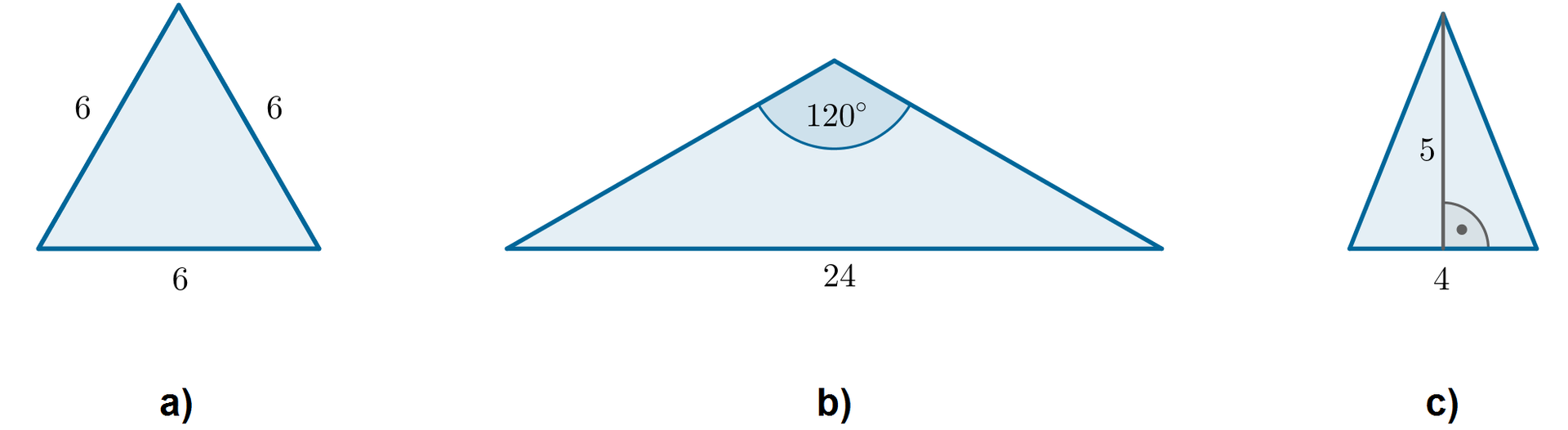 Na rysunku przedstawiono trzy trójkąty będące przekrojem osiowym stożków. W podpunkcie A znajduje się trójkąt równoboczny, o boku długości sześć. W podpunkcie B znajduje się trójkąt rozwartokątny, o kącie rozwartym o mierze 120 stopni i najdłuższym boku długości dwadzieścia cztery. W podpunkcie C znajduje się trójkąt równoramienny o podstawie długości cztery i wysokości pięć.
