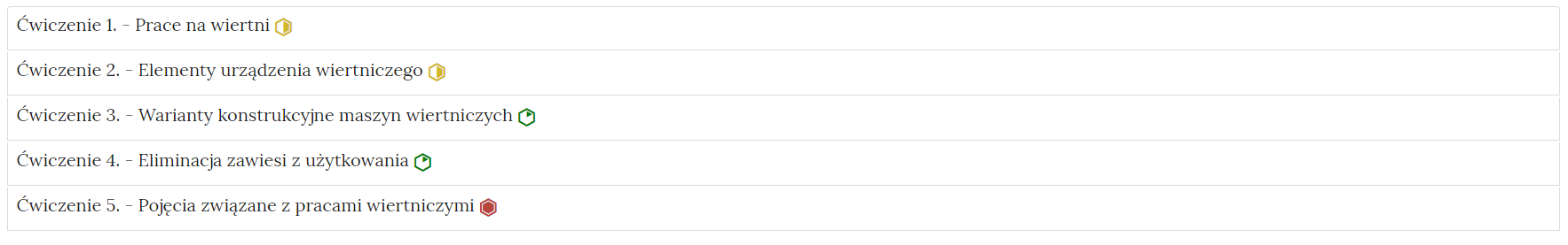 Na ilustracji przedstawiono przykładowy widok zakładek z zadaniami. Na każdej z nich znajduje się napis Ćwiczenie numer i następuje kolejny numer porządkowy ćwiczenia wraz z tytułem ćwiczenia. Za pomocą kolorowego sześciokąta zaznaczony jest poziom trudności zadania. 
