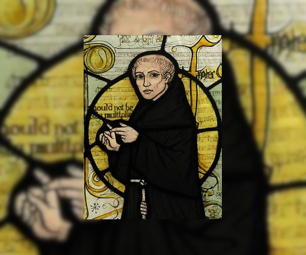 Obraz przedstawia portret starszego mężczyzny. Ubrany jest w mnisi habit. Ma krótkie włosy po bokach z wygoloną tonsurą. Na jego twarzy zaznaczone są zmarszczki.