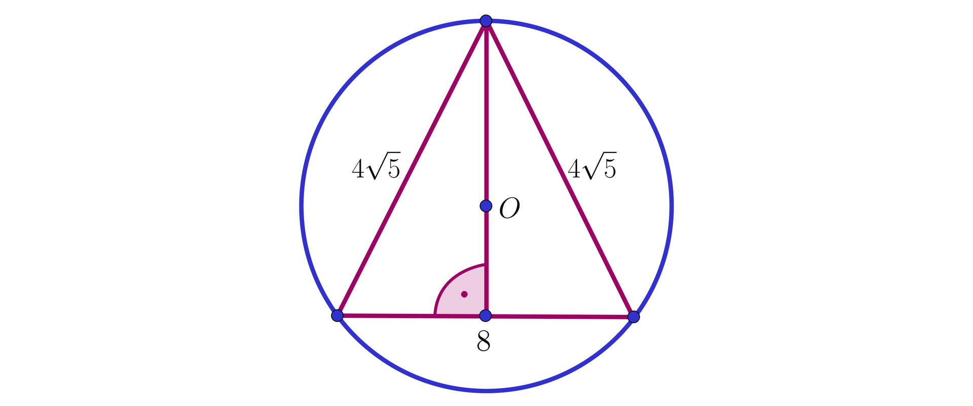  Ilustracja przedstawia trójkąt wpisany w okrąg. Środek okręgu podpisano literą O. Punk o leży na wysokości trójkąta opuszczonej na bok o długości osiem. Pozostałe boki trójkąta mają długość 45.