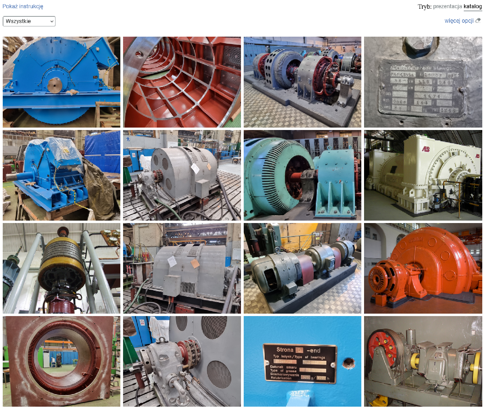 Na ilustracji znajduje się kila rzędów zdjęć przedstawiających elementy maszyn synchronicznych. Powyżej widoczny jest napis pokaż instrukcję. Przyciski pozwalające zmienić tryb wyświetlania oraz przełącznik katalogów.