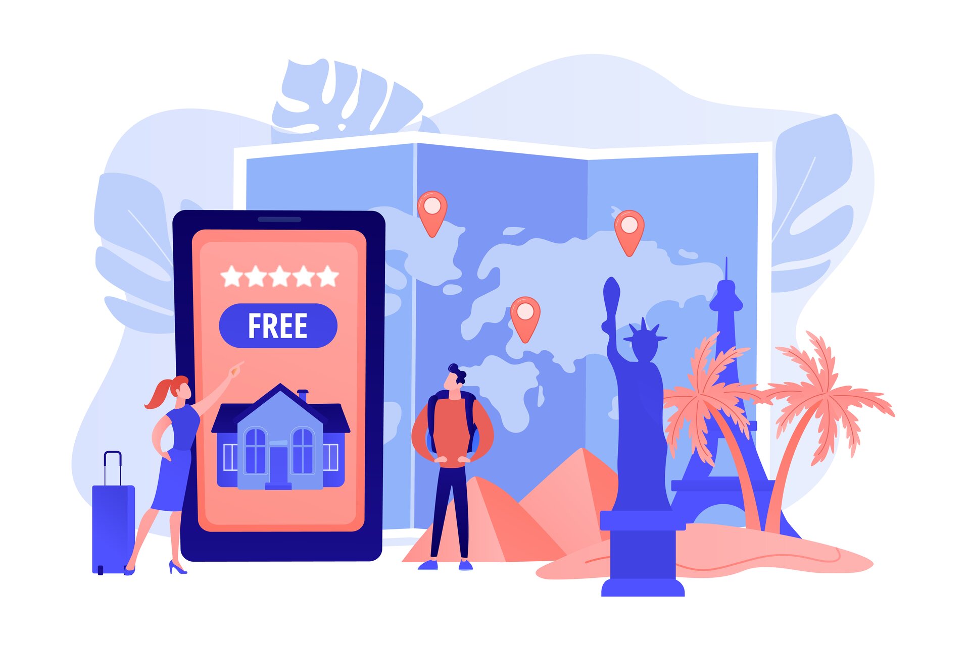 Grafika przedstawia schematycznie przykładowy punkt informacji turystycznej. Od lewej widoczna jest walizka, kobieta w ujęciu z boku z podniesioną lewą ręką wskazującą na prostokąt, symbolizujący punkt informacji turystycznej, w który wpisany jest od góry rząd białych gwiazdek, napis Free na niebieskim tle oraz przedstawienie frontalne budynku.  W tle i na prawo widoczny jest zarys trójdzielnego folderu z zaznaczanymi kontynentami i trzema punktami symbolizującymi atrakcje turystyczne. Pośrodku stojący mężczyzna z plecakiem. Na prawo od niego piramidy, statua wolności, wyspa z palmami i wieża Eiflla.  