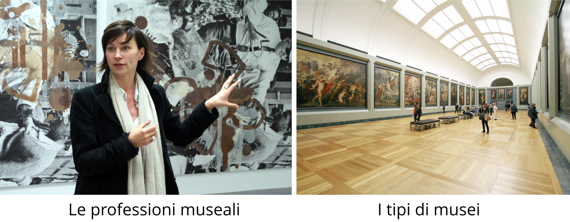 Ilustracja składa się z dwóch zdjęć. Zdjęcie po lewej przedstawia młodą kobietę wskazującą ręką na obrazy znajdujące się za nią. Pod zdjęciem znajduje się podpis: Le professioni museali. Zdjęcie po prawej przedstawia salę w muzeum. Na ścianach wiszą obrazy. Widoczni są ludzie zwiedzający muzeum. Pod zdjęciem znajduje się napis: I tipi di musei.