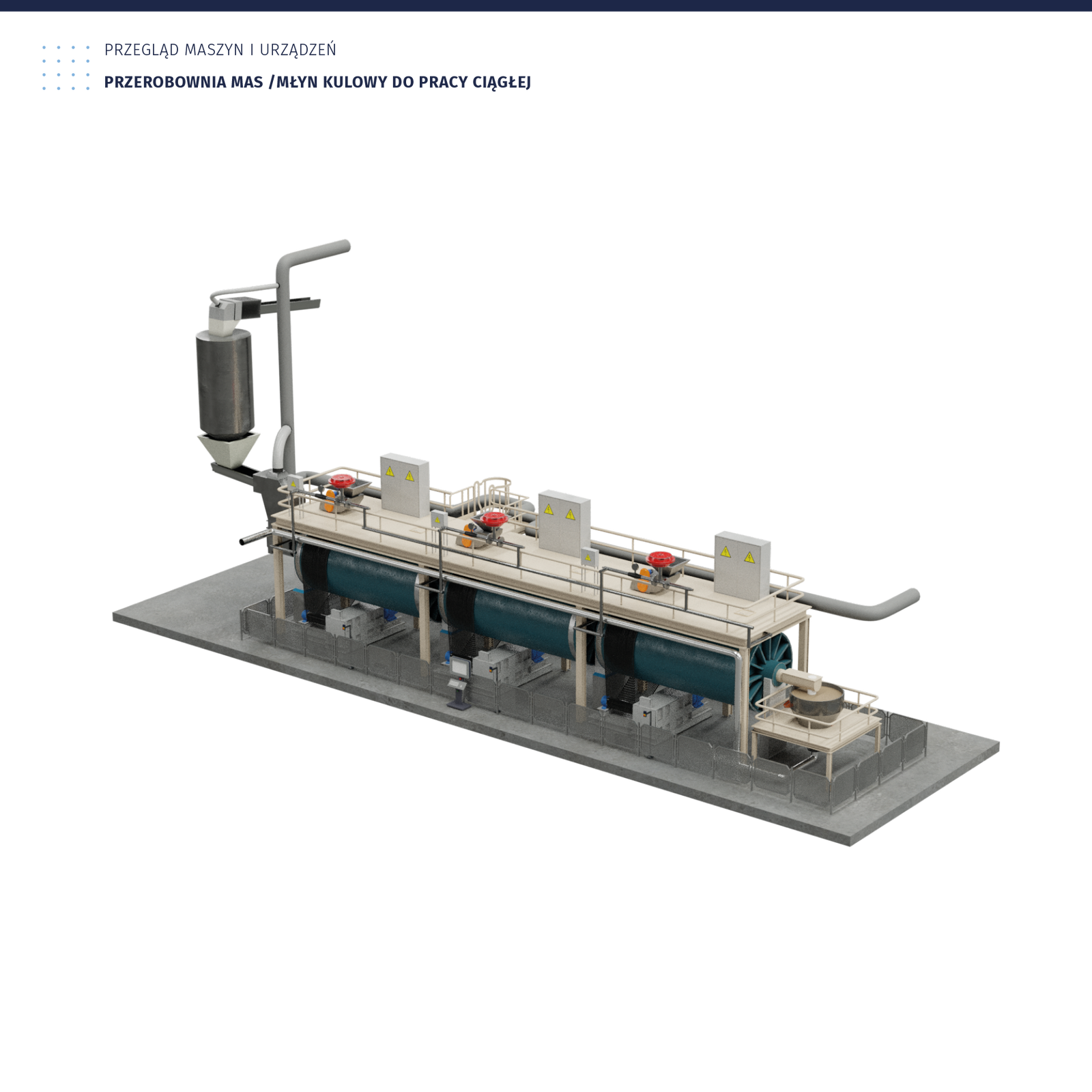Ilustracja przedstawia planszę przegląd maszyn i urządzeń. Przerobownia mas /młyn kulowy do pracy ciągłej. Ilustracja przedstawia urządzenie wykorzystywane w zakresie przygotowania mas, szkliw i past do zdobienia półproduktów ceramicznych, młyn do przemiału masy ceramicznej. To złożona maszyna z dużym silosem doprowadzającym masę ceramiczną do szeregu trzech bębnów stalowych ułożonych w osi poziomej.