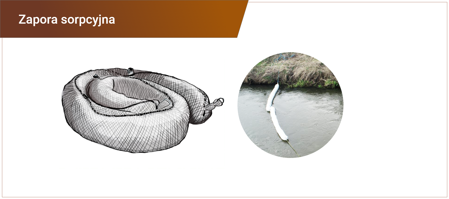Grafika w ramce z podpisem: zapora sorpcyjna. Składa się z grafiki i ze zdjęcia. Grafika przedstawia zwinięta zaporę sorpcyjną o przekroju okrągłym. Zdjęcie przedstawia rozłożoną na wodzie zaporę sorpcyjną z zamocowanymi na obu końcach linami.
