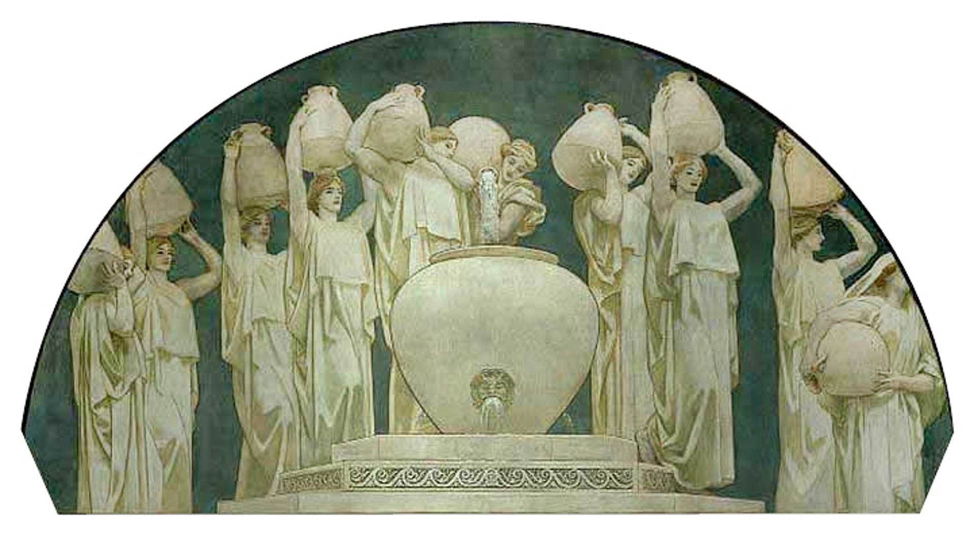 Fotografia przedstawia na głównym planie rzeźbę naczynia, do którego kobiety wlewają wodę ze swoich dzbanów. Jest on dziurawy u spodu, przez co wycieka z niego woda. Kobiety niosą je na głowach, ubrane są w jasne, długie szaty. 