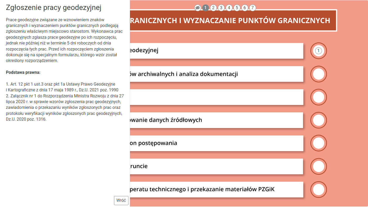 Przykładowy wygląd pola tekstowego, które wyświetla się po kliknięciu znacznika. Panel zawiera tytuł, opis oraz pasek odtwarzania audio. Nagrania lektora są tożsame z opisem. W prawym dolnym rogu ramki widnieje przycisk „Wróć” umożliwiający powrót do głównej planszy. Opisy można przeglądać, przesuwając suwak widniejący po prawej stronie lub za pomocą scrolla myszki.