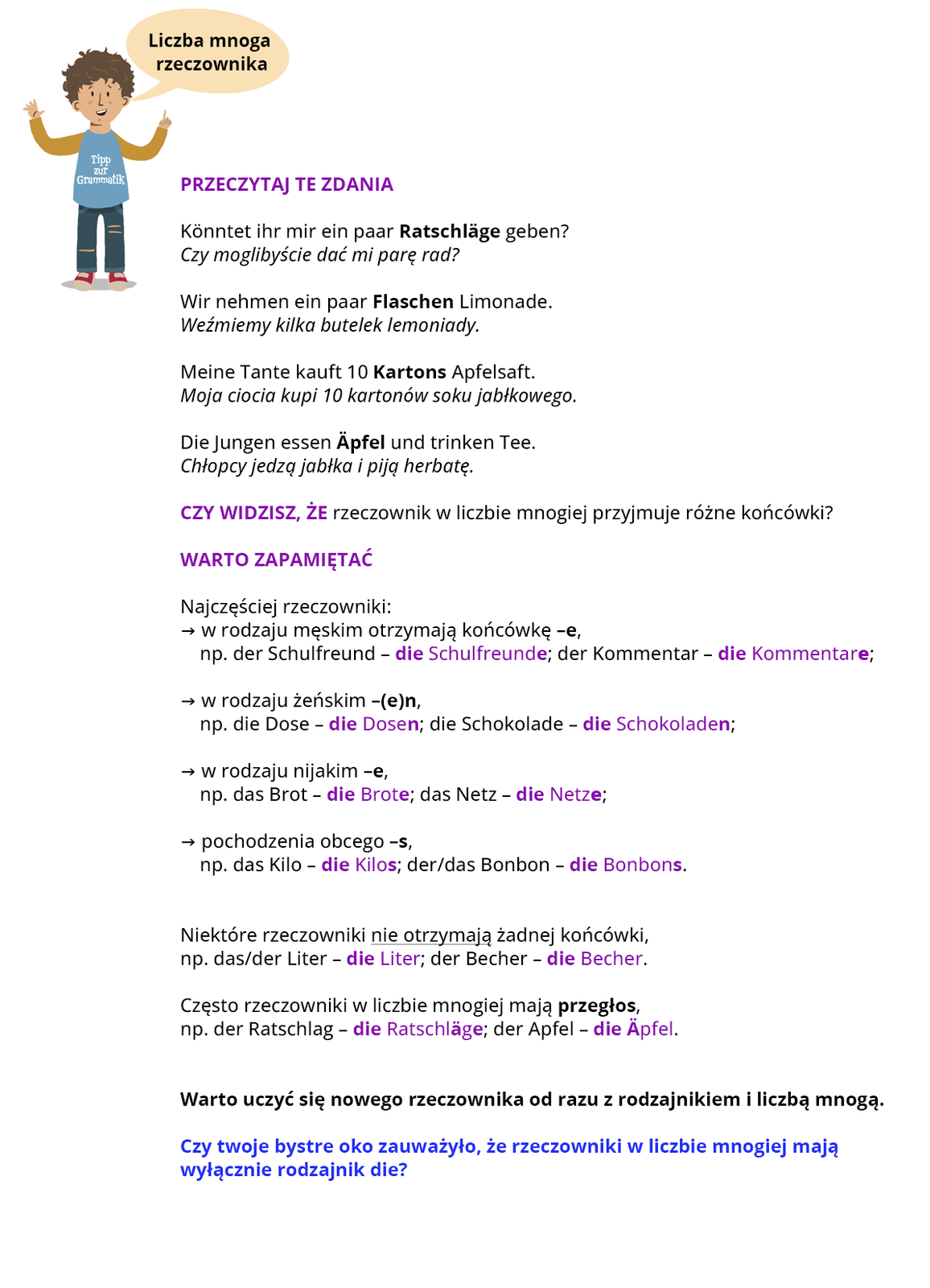 Ilustracja zawiera poradę językową. Grafika przedstawia chłopca ubranego w niebieską bluzę z rękawami w kolorze musztardowym z napisem Tipp zur Grammatik oraz w niebieskie spodnie.Chłopiec mówi: Liczba mnoga rzeczownika.Pozostałą część ilustracji stanowi tekst, którego treść wyświetla się w trybie dostępności.