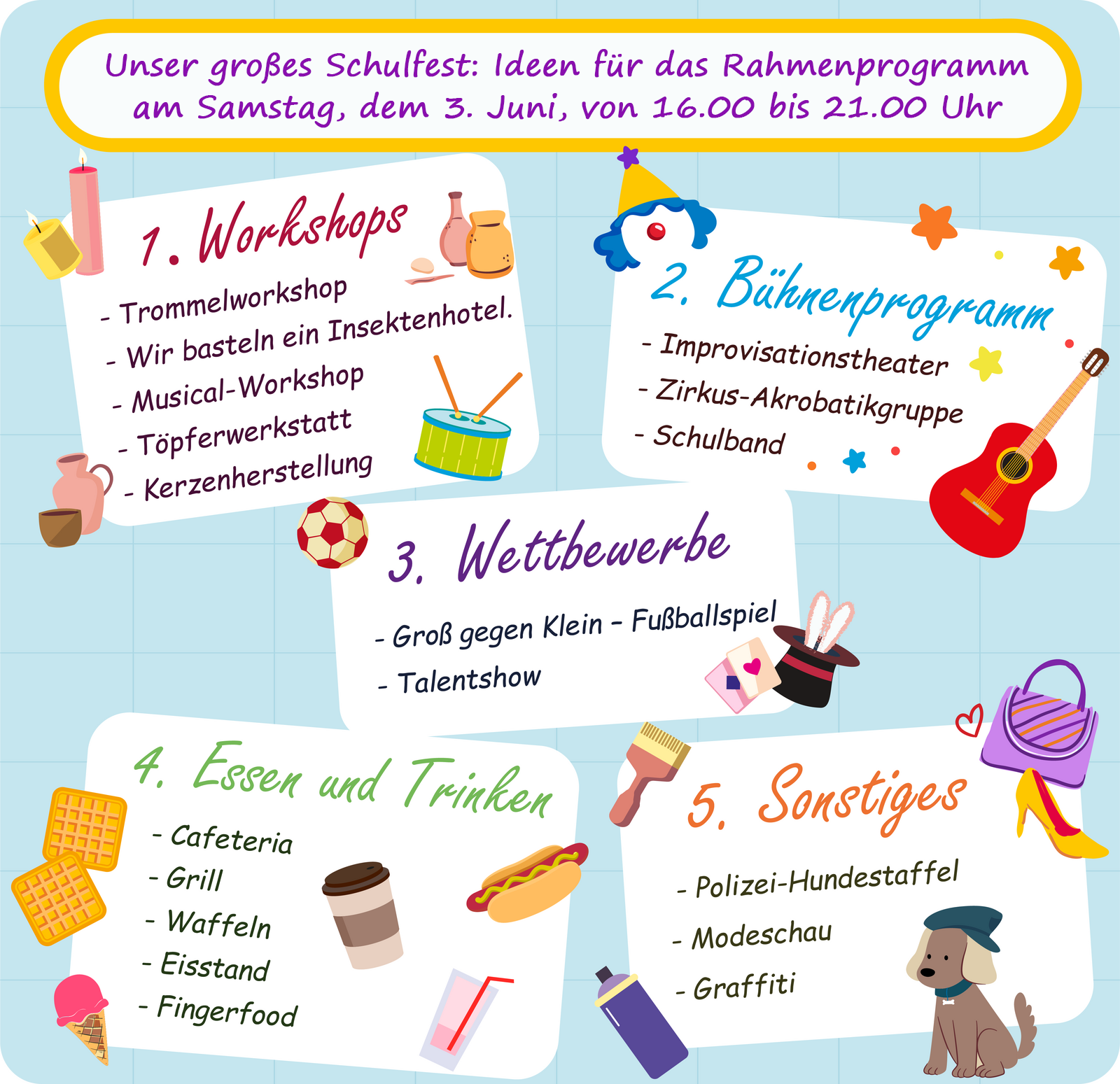 Ilustracja przedstawia plakat z programem festynu szkolnego, rozpisanym na 5 grup rozmaitych aktywności. Transkrypcja dostępna poniżej.