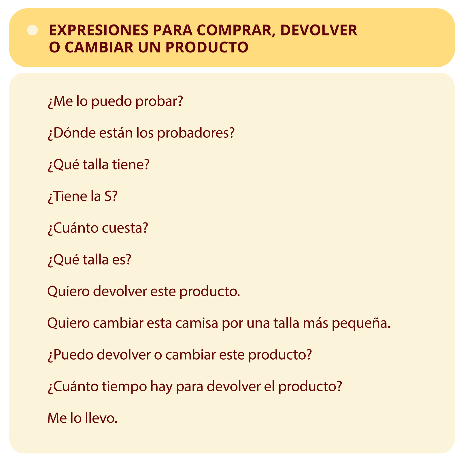 Ilustracja zatytułowana Expresiones para comprar, devolver o cambiar un producto zawiera następujące wyrażenia: ¿Me lo puedo probar? ¿Dónde están los probadores? ¿Qué talla tiene? ¿Tiene la S? ¿Cuánto cuesta? ¿Qué talla es? Quiero devolver este producto. Quiero cambiar esta camisa por una talla más pequeña. ¿Puedo devolver o cambiar este producto? ¿Cuánto tiempo hay para devolver el producto? Me lo llevo.
