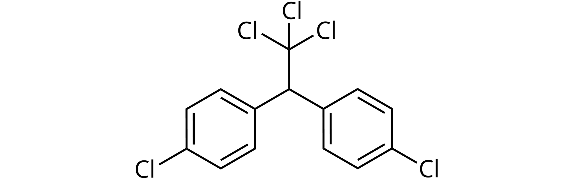  Ilustracja przedstawia strukturę cząsteczki DDT. Atom węgla grupy CH łączy się z trzema podstawnikami, pierwszy z nich stanowi grupa CCl3, zaś dwa pozostałe to grupy 4-chlorofenylowe. 
