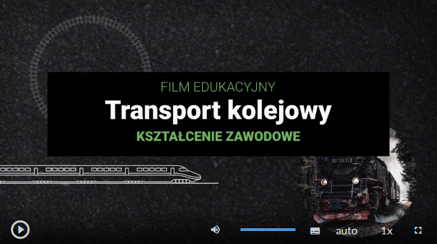 Przykładowy widok planszy filmu. Przedstawia maszynistę za sterami pociągu. Poniżej znajduje się menu w poziomie, a w nim od lewej: przycisk uruchomienia i pauzowania filmu, wybór poziomu głośności, opcja włączenia napisów, opcja włączenia audiodeskrypcji, opcja auto, opcja ustawienia prędkości odtwarzania, opcja trybu ekranowego.