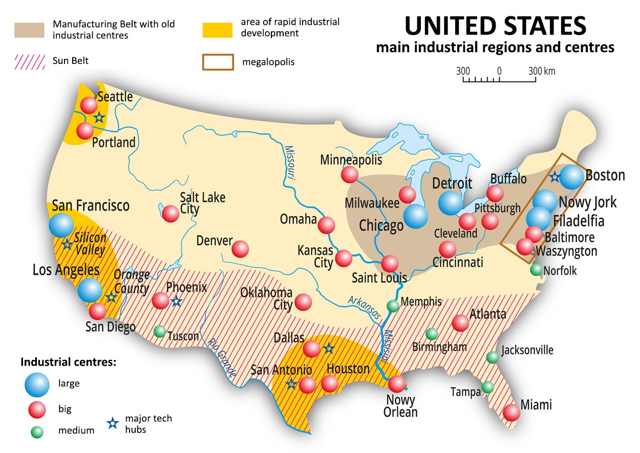 Ilustracja przedstawia mapę Stanów Zjednoczonych Ameryki Północnej, głównych regionów i okręgów przemysłowych United States main industrial regions and centres.  Wyróżniono na niej Pas Przemysłowy ze starymi ośrodkami przemysłu, Manufacturing Belt with old industrial centres  w północno-wschodniej części kraju (Minneapolis, Chicago, Detroit, Waszyngton, Baltimore, Filadelfia, Nowy Jork, Boston) i obszary szybkiego rozwoju przemysłu, area of rapid industrial development na zachodnim wybrzeżu i południu kraju (Portland, Seattle, San Francisco, Los Angeles, Dallas, Houston, Nowy Orlean). Miasta oznaczono  sygnaturami uwzględniającymi wielkość ośrodków, powyższe miasta zaliczane są do wielkich i dużych ośrodków przemysłowych. Południową część Stanów Zjednoczonych zakreskowano, wydzielając pas Sun Belt, charakteryzujący się obecnością centrów wysokich technologii. 