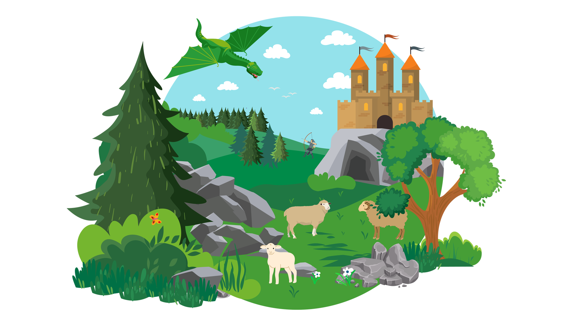 Ilustracja przedstawia pagórkowaty teren porośnięty zielenią. W tle widać błękitne niebo z białymi chmurami. Po lewej stronie leci po niebie duży zielony smok. Ma długą szyję, rozpostarte skrzydła i długi ogon. Otwiera pysk i wystawia wąski język. Na pierwszym planie stoją na trawie: mała owieczka, duża owca i baran. Smok zmierza w ich stronę. Po prawej stronie rośnie duże drzewo liściaste, a po lewej iglaste. Obok drzewa iglastego znajdują się dwa krzewy. Przy jednym z nich lata pomarańczowo‑czerwony motyl. Dalej na prawo leży sterta szarych kamieni. Drugie, mniejsze skupisko kamieni, znajduje się po prawej stronie. Rosną przy nim dwa niewielkie białe kwiaty. W oddali widać fragment lasu iglastego i stojącego na środku polany mężczyznę z łukiem. Ubrany jest w szary strój z kapturem. Napina on łuk i kieruje strzałę w stronę smoka. Dalej na prawo znajduje się skaliste wzgórze z jaskinią. Na wzgórzu stoi brązowy zamek z trzema wysokimi wieżyczkami. Na dachu każdej z nich powiewa niewielka flaga. Dwie niższe wieżyczki znajdują się przy wejściu do zamku. Są one częścią muru obronnego otaczającego budowlę.