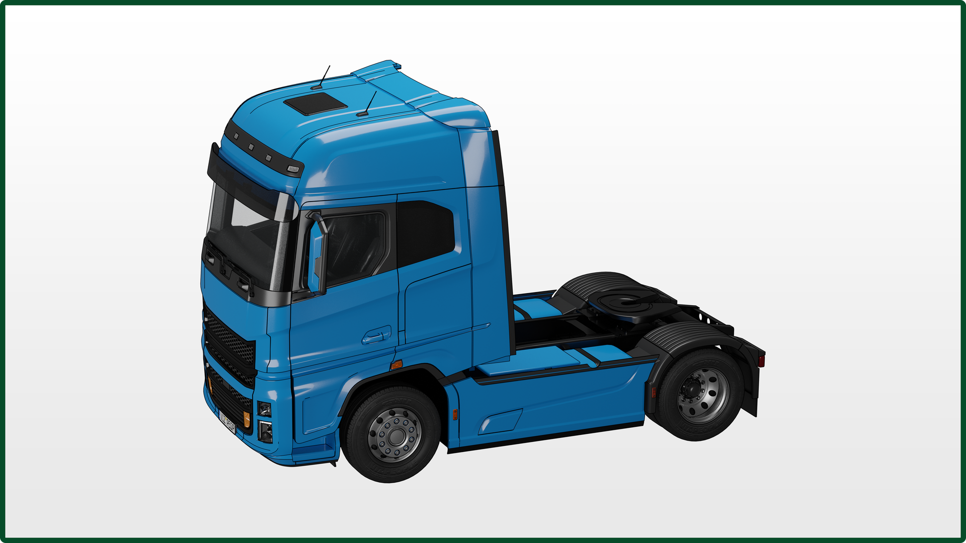 Grafika przedstawia ciągnik siodłowy. Posiada on wysoką kabinę na przedzie oraz niski tył do którego można podczepić naczepę.