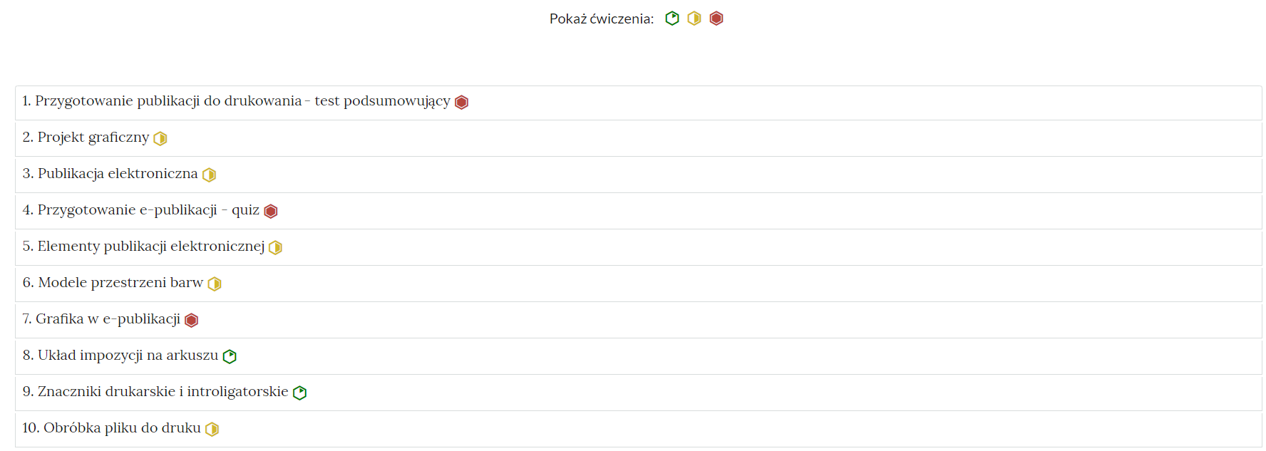 Grafika przedstawia widok interaktywnych materiałów sprawdzających. Na białym tle widoczna jest lista numeryczna z tytułami ćwiczeń. Po prawej stronie każdego tytułu znajduje się symbol określający stopień trudności zadania: sześciokąt z zielonymi krawędziami z wpisanym, na godzinie 13, zielonym trójkątem – poziom trudności niski, sześciokąt z żółtymi krawędziami z wpisanym po prawej jego stronie żółtymi trapezem – poziom trudności średni, i  sześciokąt z czerwonymi krawędziami z wpisanym w niego czerwonym sześciokątem – poziom trudności wysoki.