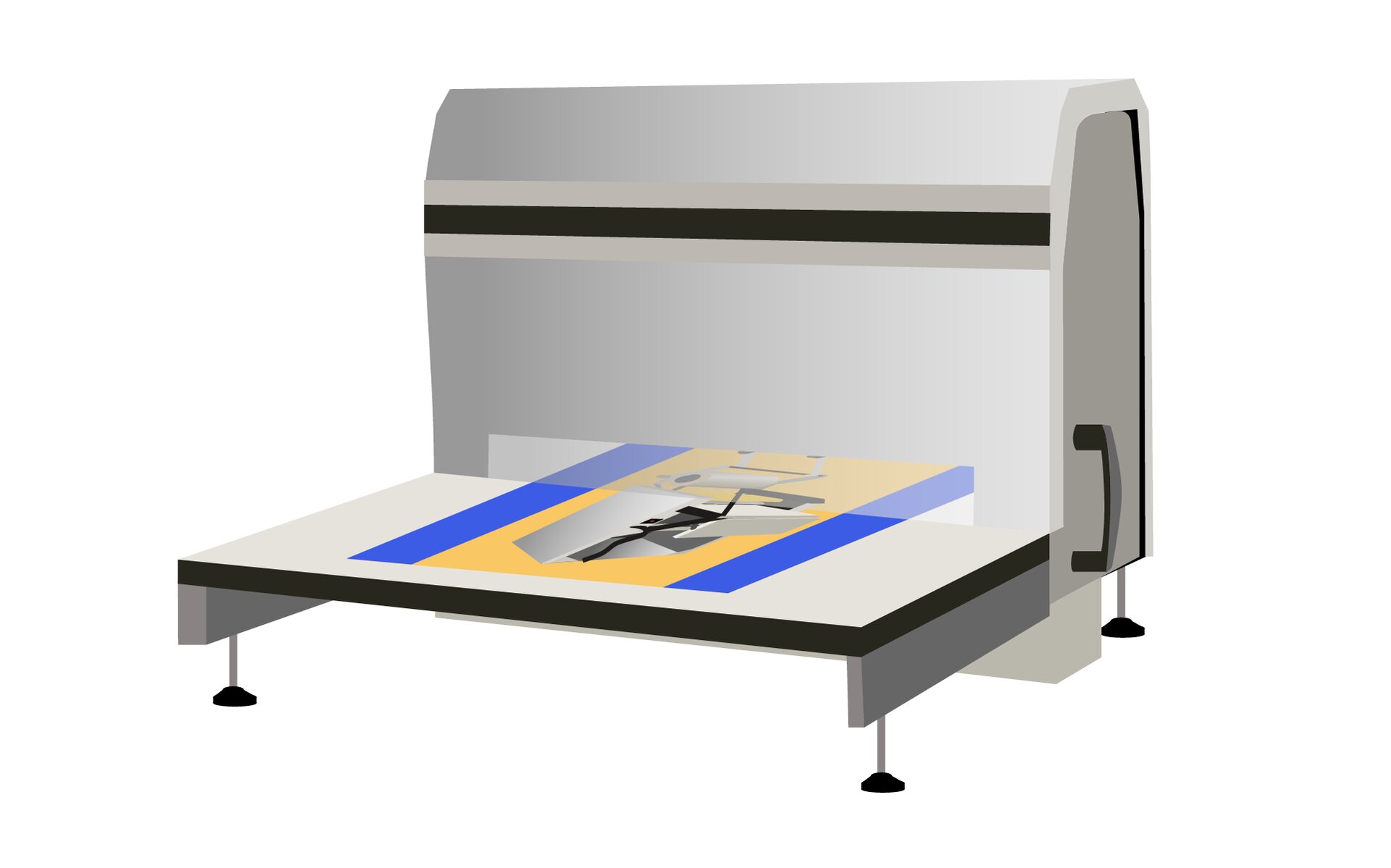 Fotografia przedstawia perforatorkę. Urządzenie stoi na czterech wkręcanych nóżkach, dzięki którym można wypoziomować urządzenie. Dolny fragment urządzenia to blat roboczy na którym znajduje się karta papieru do obróbki. Nad nią permanentna osłona bezpieczeństwa zamocowana na pionowej tylnej ścianie urządzenia. Powyżej przezroczystej osłony znajduje się metalowa, wygięta do tyłu oraz w dół pomalowana na jasny kolor osłona tylnej ściany maszyny. 
