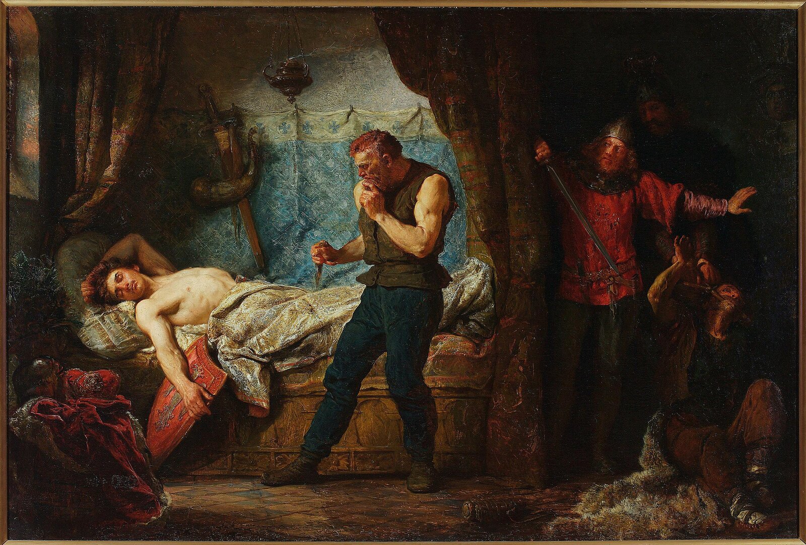 Na obrazie przedstawione jest pięć postaci w pomieszczeniu. Po lewej stronie, w jaśniejszej części pokoju znajduje się śpiący mężczyzna z gołym torsem. Nad nim stoi drugi mężczyzna z nożem w ręce. Za kotarą po prawej stronie, w ciemniejszej części obrazu znajduje się trzech mężczyzn. Jeden z nich siedzi na ziemi przytrzymywany przez drugiego. Obok nich stoi postać z mieczem w prawej dłoni i hełmem na głowie.