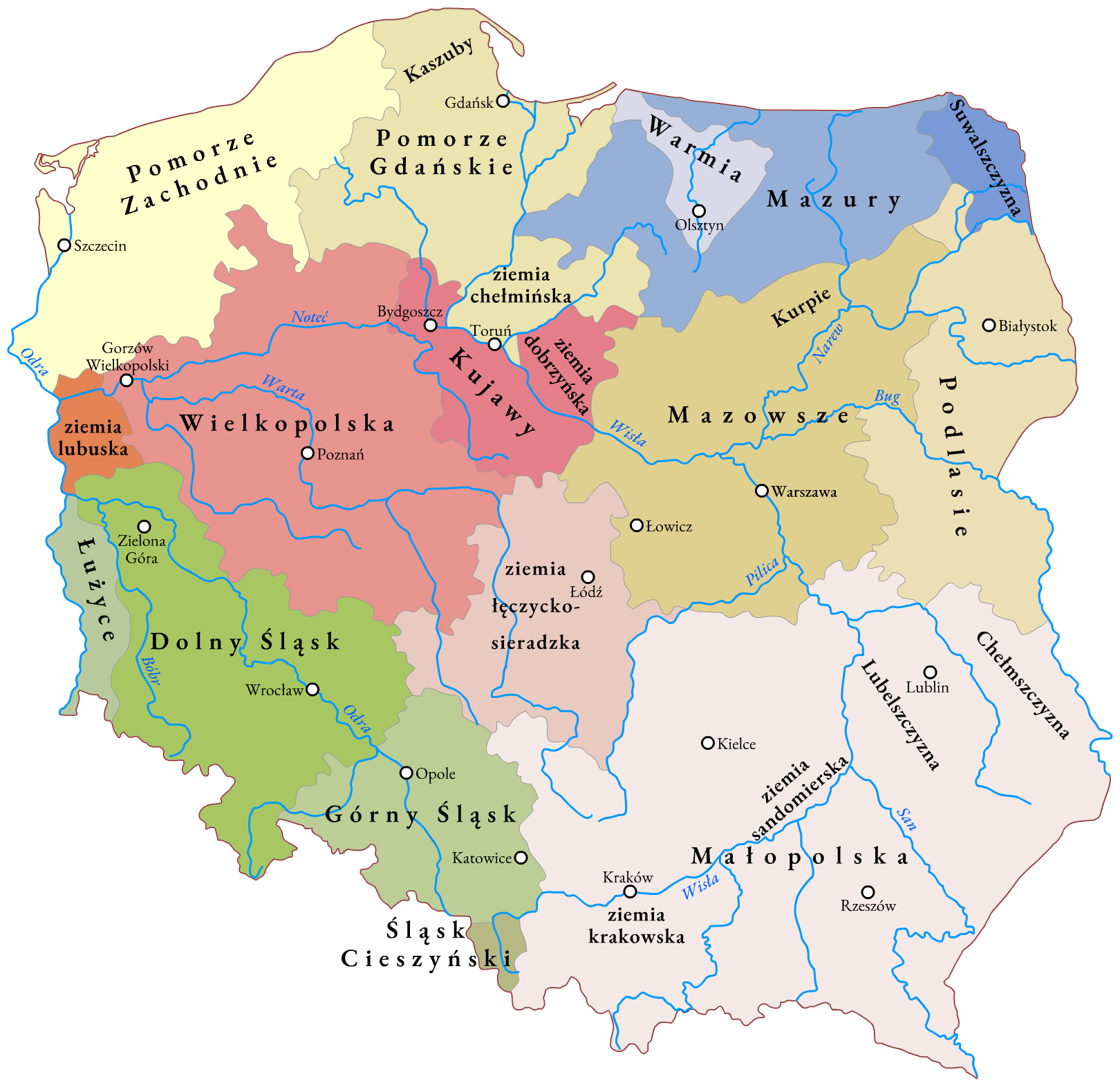 Kliknij aby powiększyć Ilustracja przedstawia mapę Polski z podziałem na regiony: Pomorze Zachodnie, Kaszuby, Pomorze Gdańskie, ziemia chełmińska, Warmia, Mazury, Suwalszczyzna, ziemia lubuska, Wielkopolska, Kujawy, ziemia dobrzyńska, Mazowsze, Podlasie, Łużyce, Dolny Śląsk, ziemia łęczycko‑sieradzka, Górny Śląsk, ziemia krakowska, ziemia sandomierska, Małopolska, Lubelszczyzna, Chełmszczyzna, Kurpie, Śląsk Cieszyński.