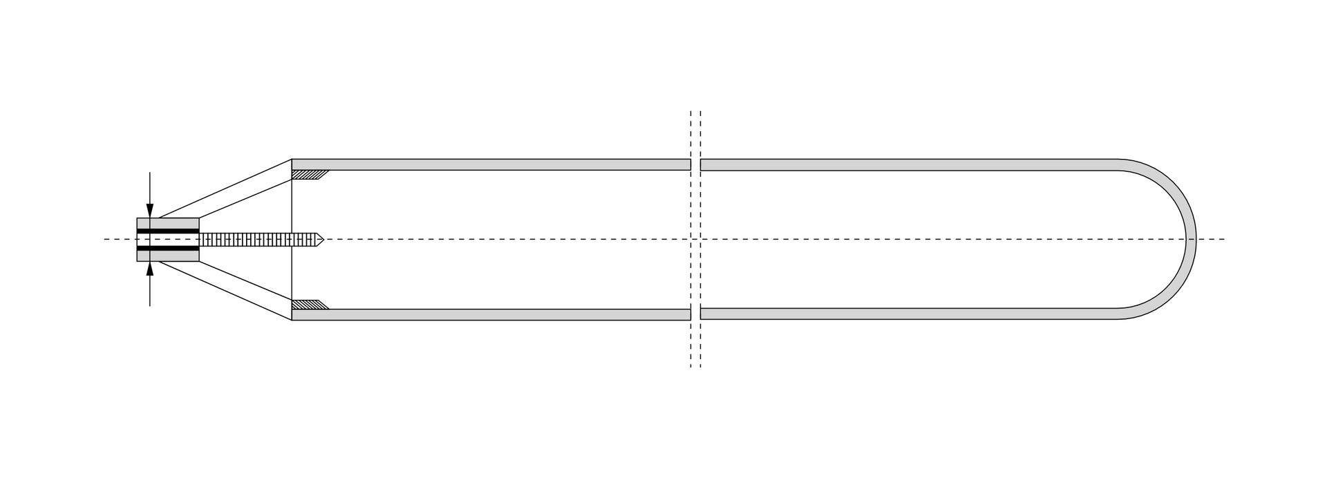 Na zdjęciu przedstawiono schemat łyżki pomiarowej. Łyżka pomiarowa służy do wyznaczania poziomu cieczy w odwiercie, wyznaczania granicy woda ropa i pobierania próbek cieczy z odwiertu.Widoczna na rysunku łyżka ma kształt podłużnego prostokąta o zaokrąglonym prawym boku. Do lewego boku dołączony jest trójkątny kształt. Na wierzchołku trójkąta wykonany jest otwór. Przedstawione na schemacie urządzenie składa się ze ścianki wewnętrznej i zewnętrznej.Przez łyżkę przeprowadzona jest przerywana pozioma linia oznaczająca oś symetrii. W połowie długości łyżki widoczne są dwie przerywane pionowe linie. Linie są względem siebie równoległe. Są to lnie wskazujące, że jest to częściowy szkic powtarzalnych elementów łyżki.Od otworu znajdującego się w trójkątnej części łyżki biegnie prostokątny kształt. Lewy bok prostokąta przybiera kształt grotu. We wnętrzu prostokąta widać pionowe równoległe proste.