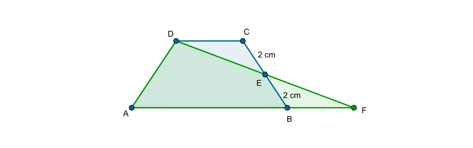 Rysunek trapezu równoramiennego A B C D. Punkt F leży na przedłużeniu prostej AB za punktem B. Punkt E dzieli ramię CB trapezu na dwie połowy długości 2 cm. Wierzchołki trapezu A i D oraz punkt F tworzą trójkąt A D F.