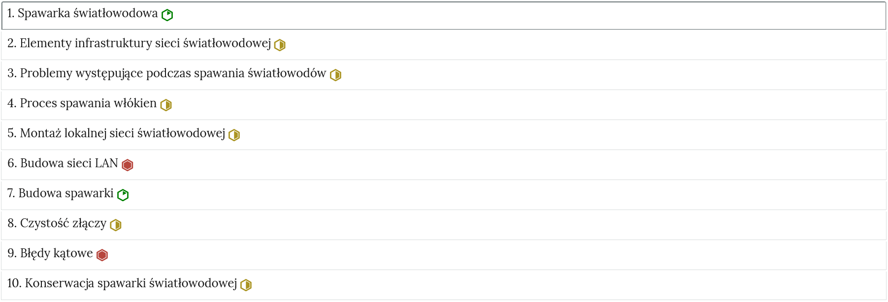 Ilustracja przedstawia przykładowy wygląd zakładek zawierających interaktywne materiały sprawdzające. Na grafice znajduje się rząd umieszczonych pod sobą ćwiczeń wraz z ich tytułami. Każde ćwiczenie, po prawej stronie od tytułu, posiada znaczek określający poziom trudności. 
