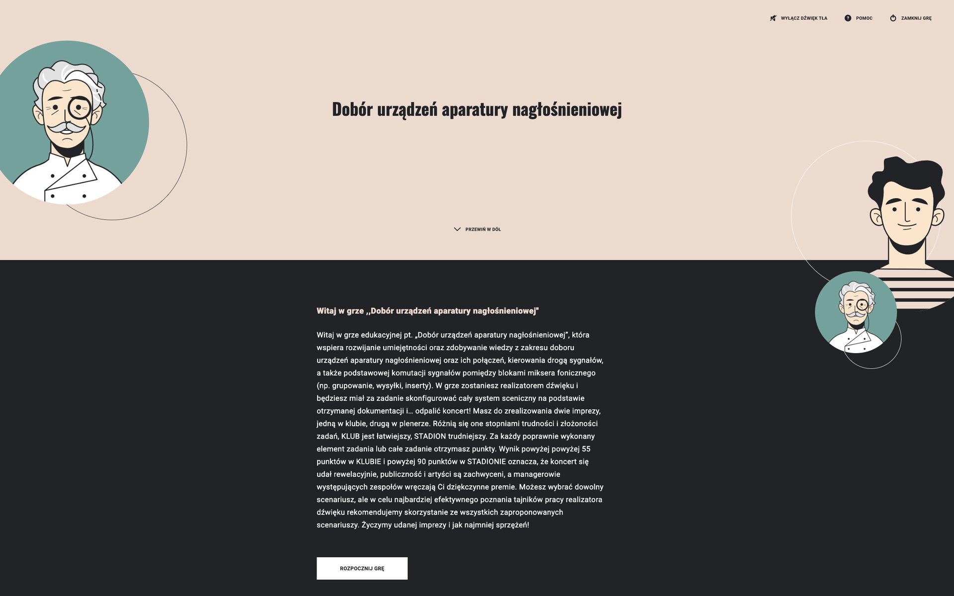 Widok ekranu startowego gry edukacyjnej