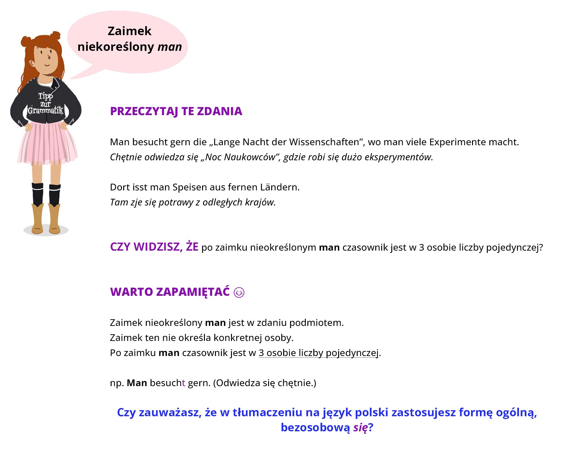 Ilustracja zawiera poradę językową.
Grafika przedstawia długowłosą dziewczynkę w ciemnej bluzie na której widoczny jest napis Tipp zur Gramatik . 
Obok widoczny jest dymek zawierający napis: Zaimek nieokreślony man.
Pozostałą część grafiki stanowi tekst, którego treść wyświetla się w trybie dostępności.