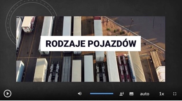 Przykładowy widok planszy filmu. Tytuł: Rodzaje pojazdów. W tle znajduje się zdjęcie parkingu, na którym stoją pojazdy transportowe z podpiętymi naczepami. Poniżej znajduje się menu w poziomie, a w nim od lewej: przycisk uruchomienia i pauzowania filmu, przycisk włączania i wyłączania dźwięku, wybór poziomu głośności, ścieżka z audiodeskrypcją, napisy, jakość obrazu, szybkość odtwarzania, tryb pełnoekranowy.