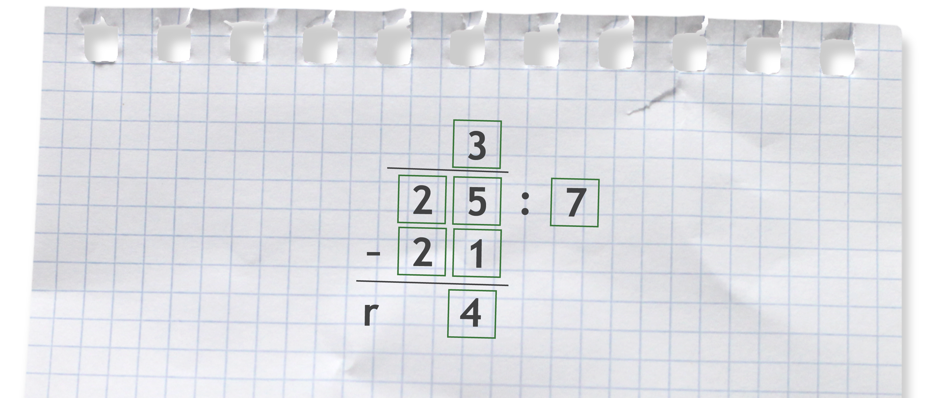 Przykład dzielenia sposobem pisemnym. Dwadzieścia pięć podzielić przez siedem równa się trzy reszty cztery.