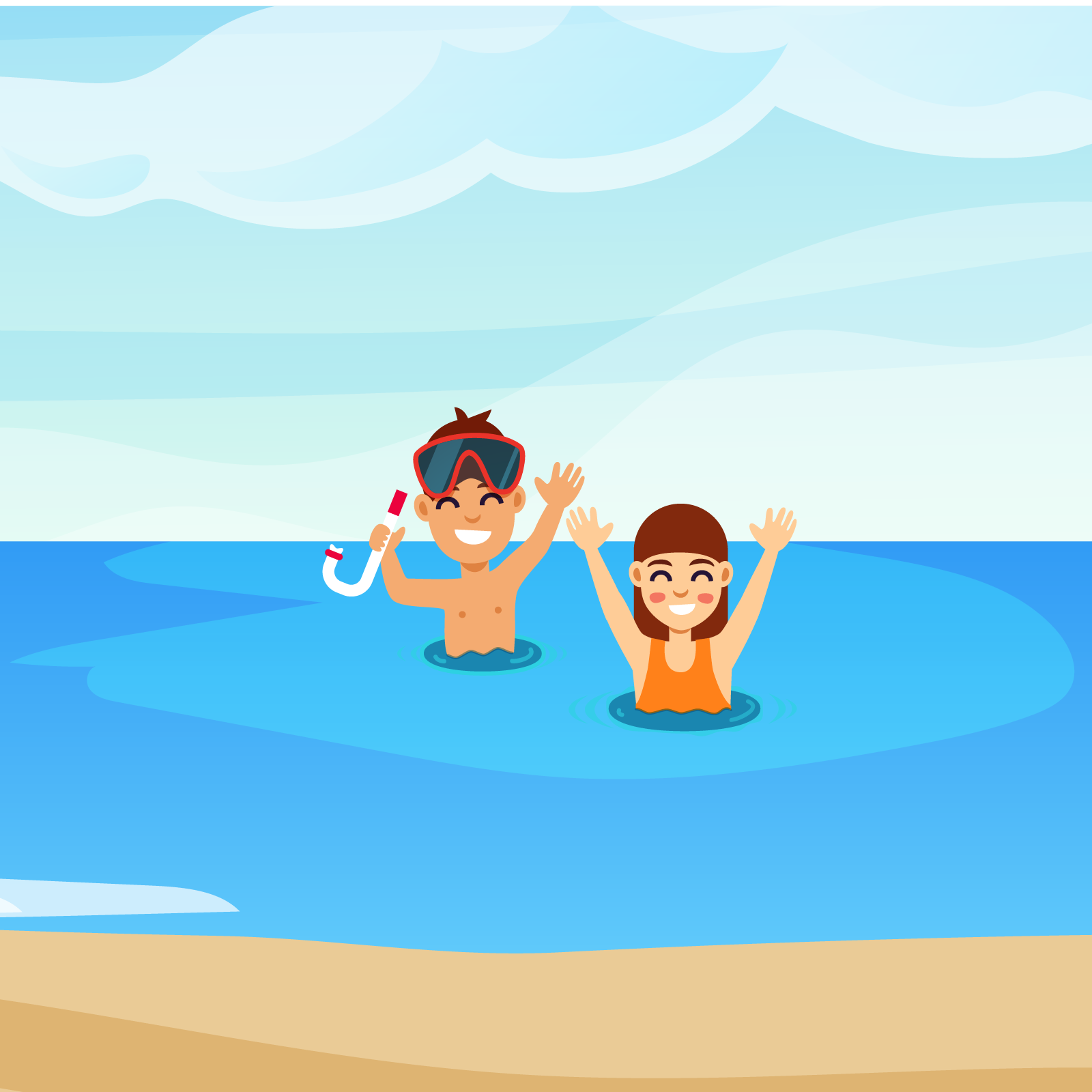 Ilustracja przedstawia dwoje dzieci kąpiących się w morzu. 
