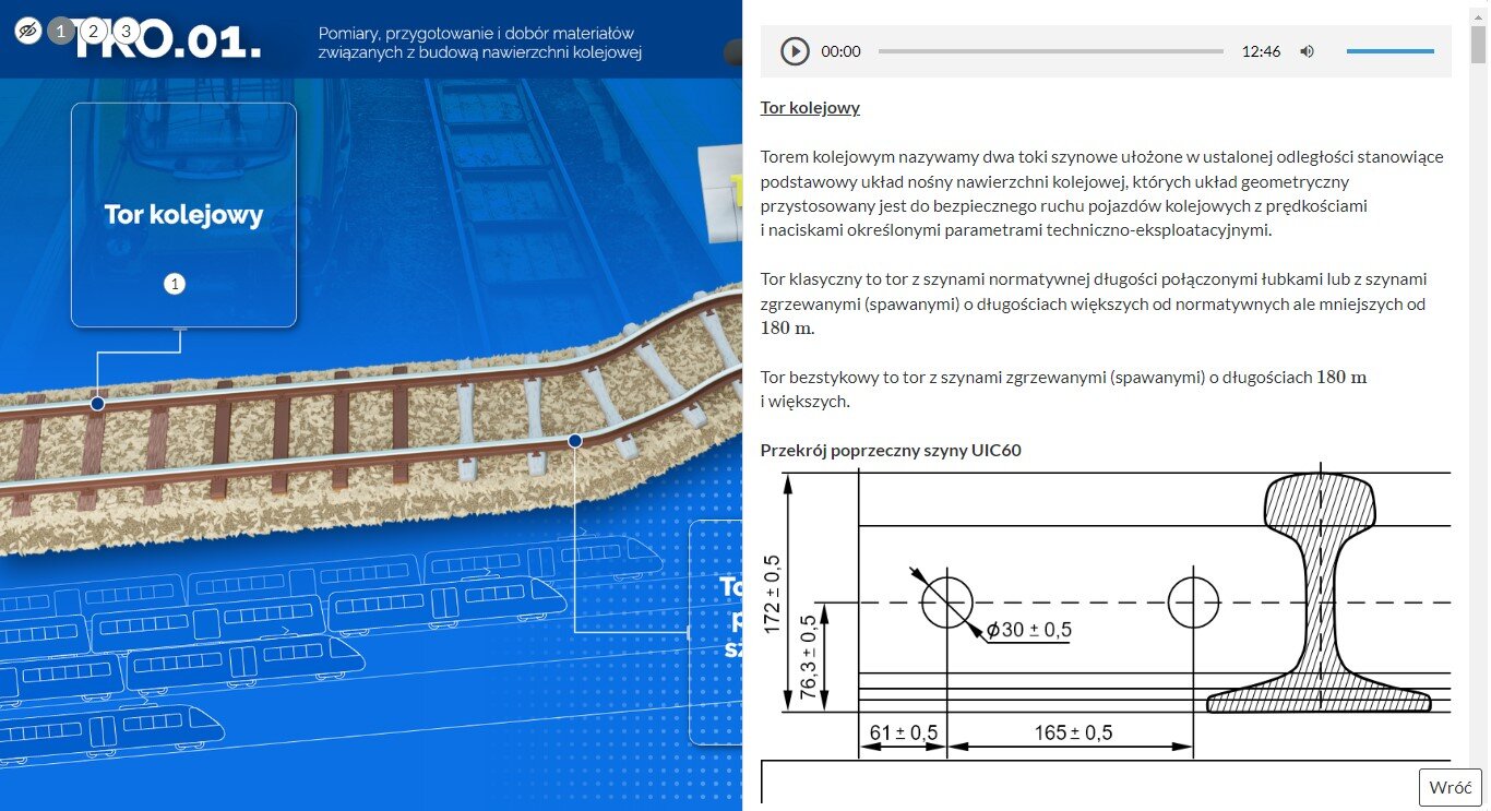 Przykładowy wygląd grafiki interaktywnej po kliknięciu znacznika.
Grafika zatytułowana jest T K O kropka 0 1 kropka. Pomiary, przygotowanie  i dobór materiałów związanych z budową nawierzchni. Ilustracja przedstawia przejazd kolejowy biegnący przez ulicę. Na grafice znajdują się trzy punkty interaktywne. Po kliknięciu jednego z nich pojawia się ramka z tekstem i z nagraniem dźwiękowym treści. Poniżej znajdują się rysunki techniczne.