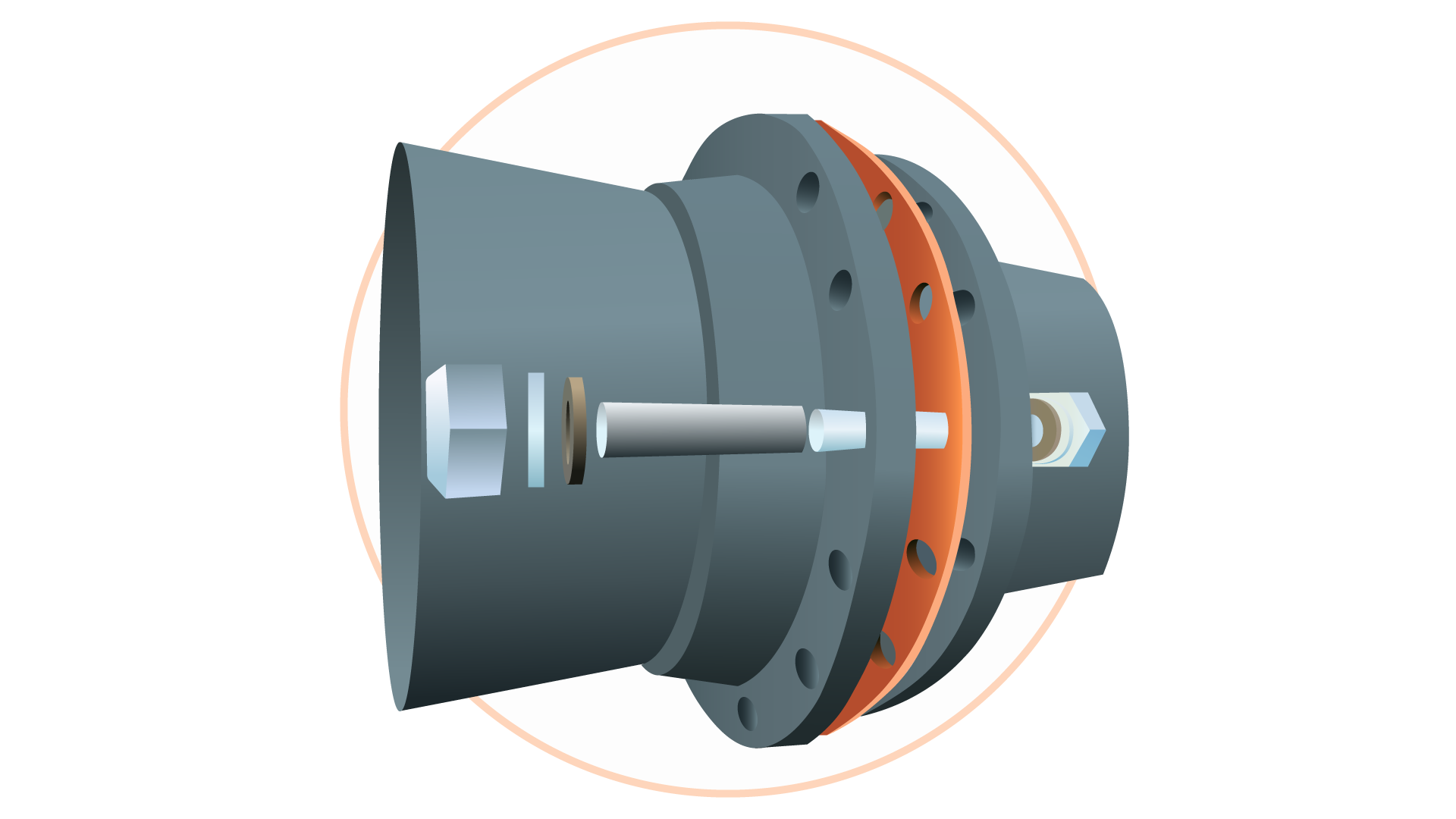 Grafika przedstawia poprawnie wykonaną izolacją ciepłochronną połączenia kołnierzowego. Grafika zawiera połączenie dwóch rur z zakończeniem kołnierzowym. Pomiędzy nimi przebiega warstwa izolacji. 